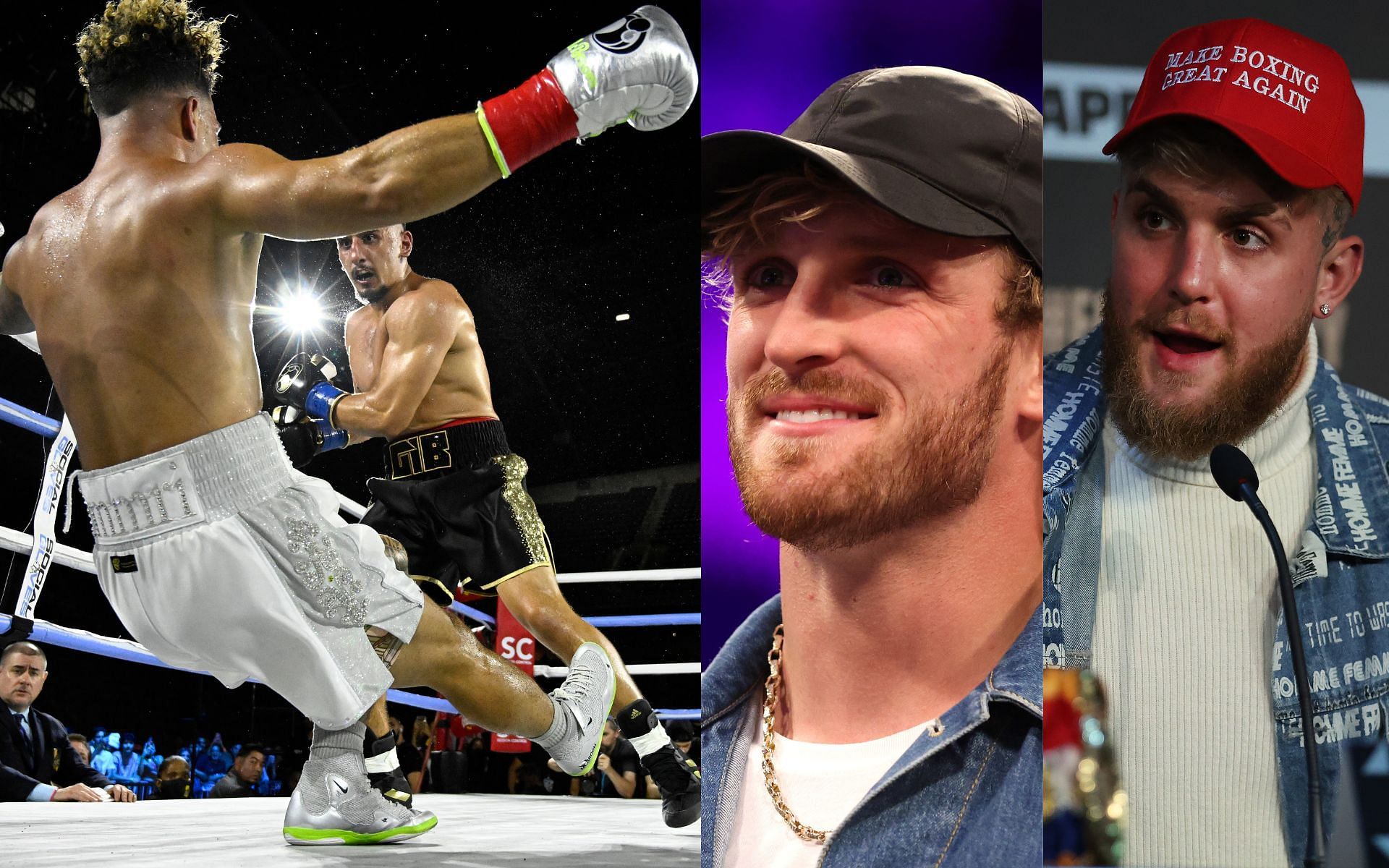 AnEsonGib knocking out Austin McBroom (left) Logan Paul (center), and Jake Paul (right) (Image credits Getty Images)