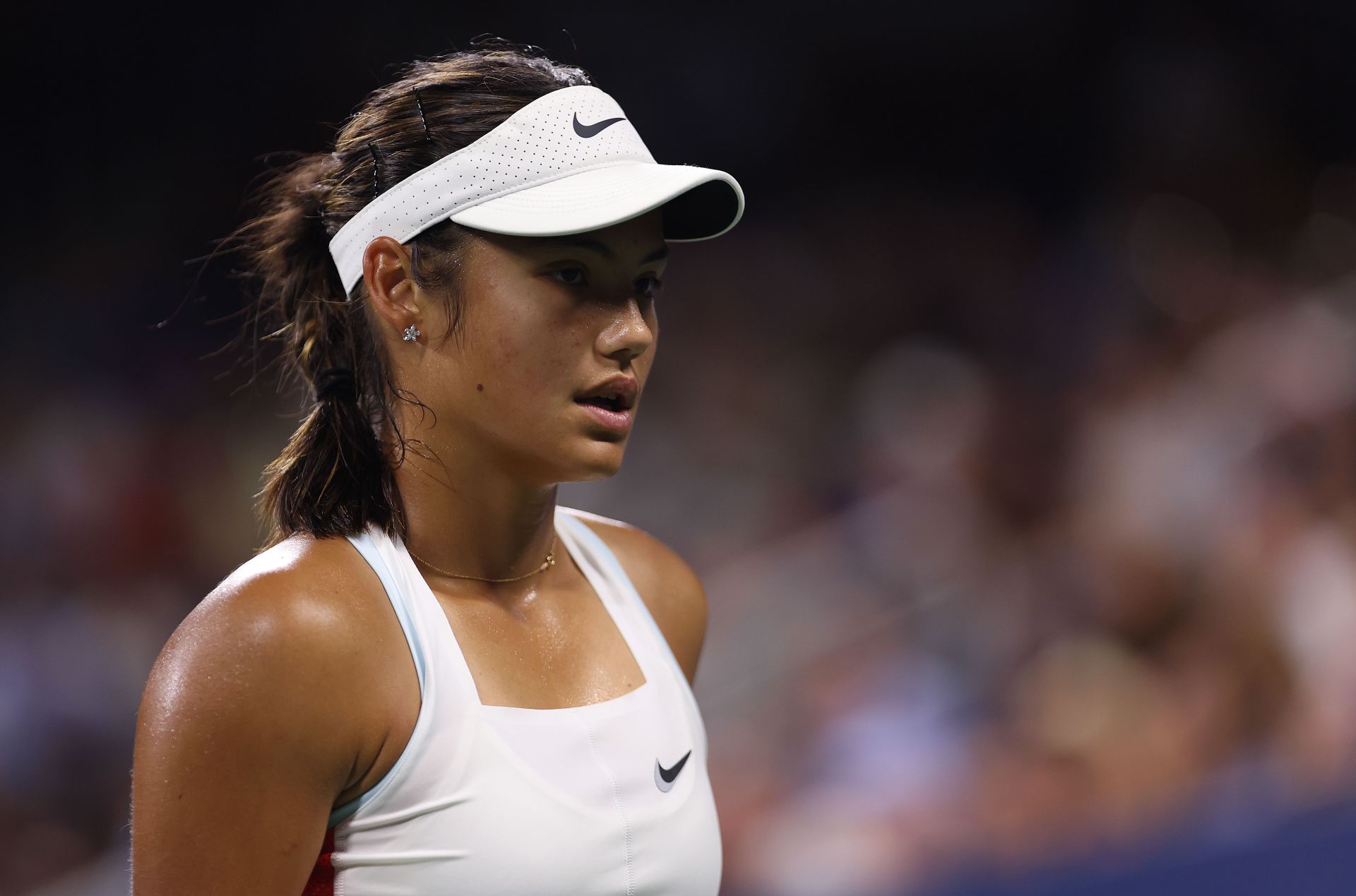 Emma Raducanu during her first-round match against Alize Cornet at the 2022 US Open 