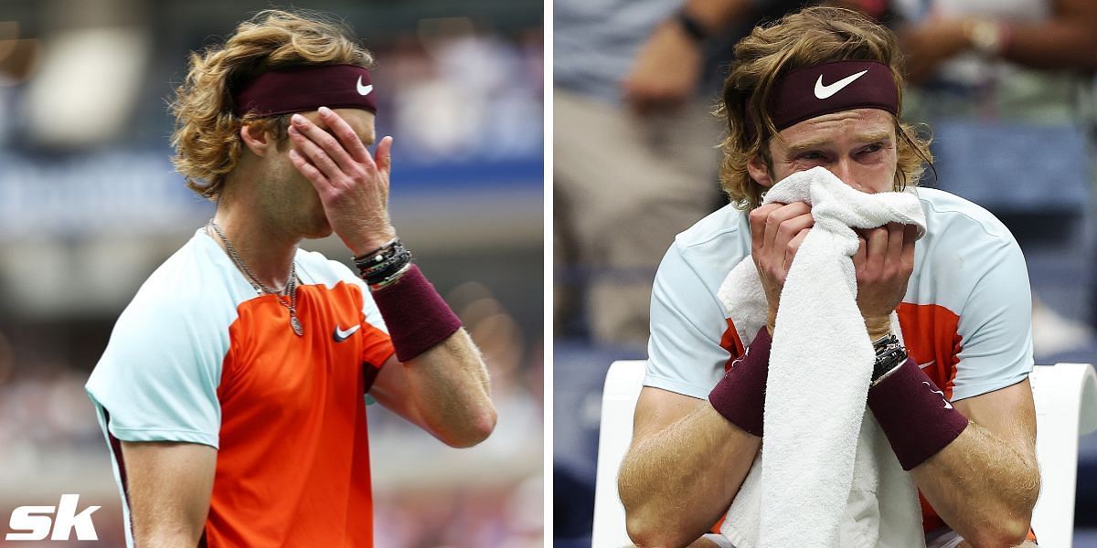 Andrey Rublev cannot hold back tears during his US Open quarterfinal defeat to Frances Tiafoe.