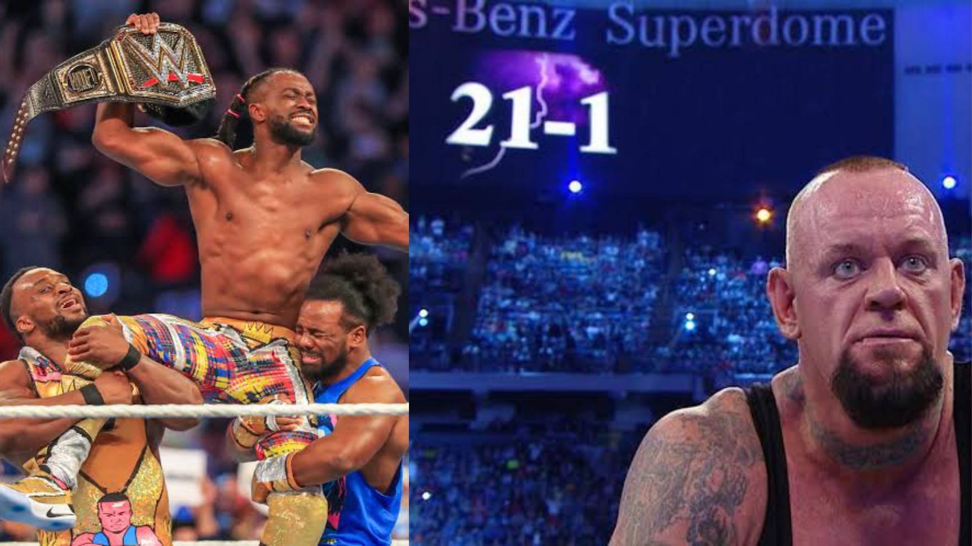 Kofi Kingston with the world championship (L); The end of the streak (R).
