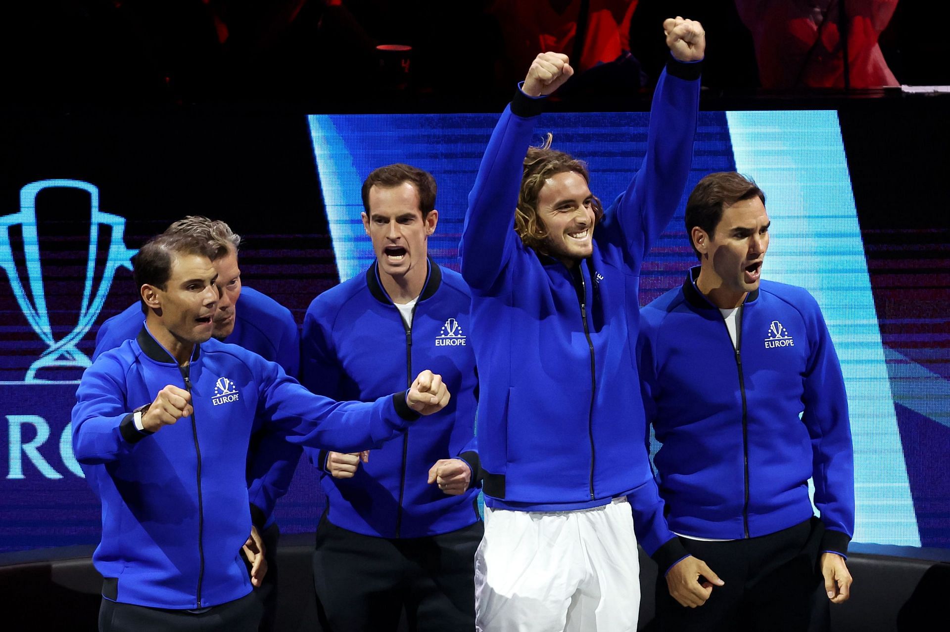 Stefanos Tsitsipas with idol Roger Federer, Rafael Nadal, vice captain Thomas Enqvist and Andy Murray
