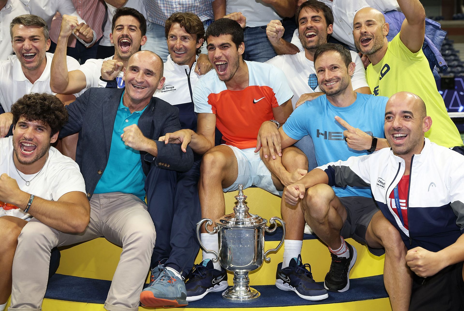 Carlos Alcaraz celebrates his US Open triumph with his team.