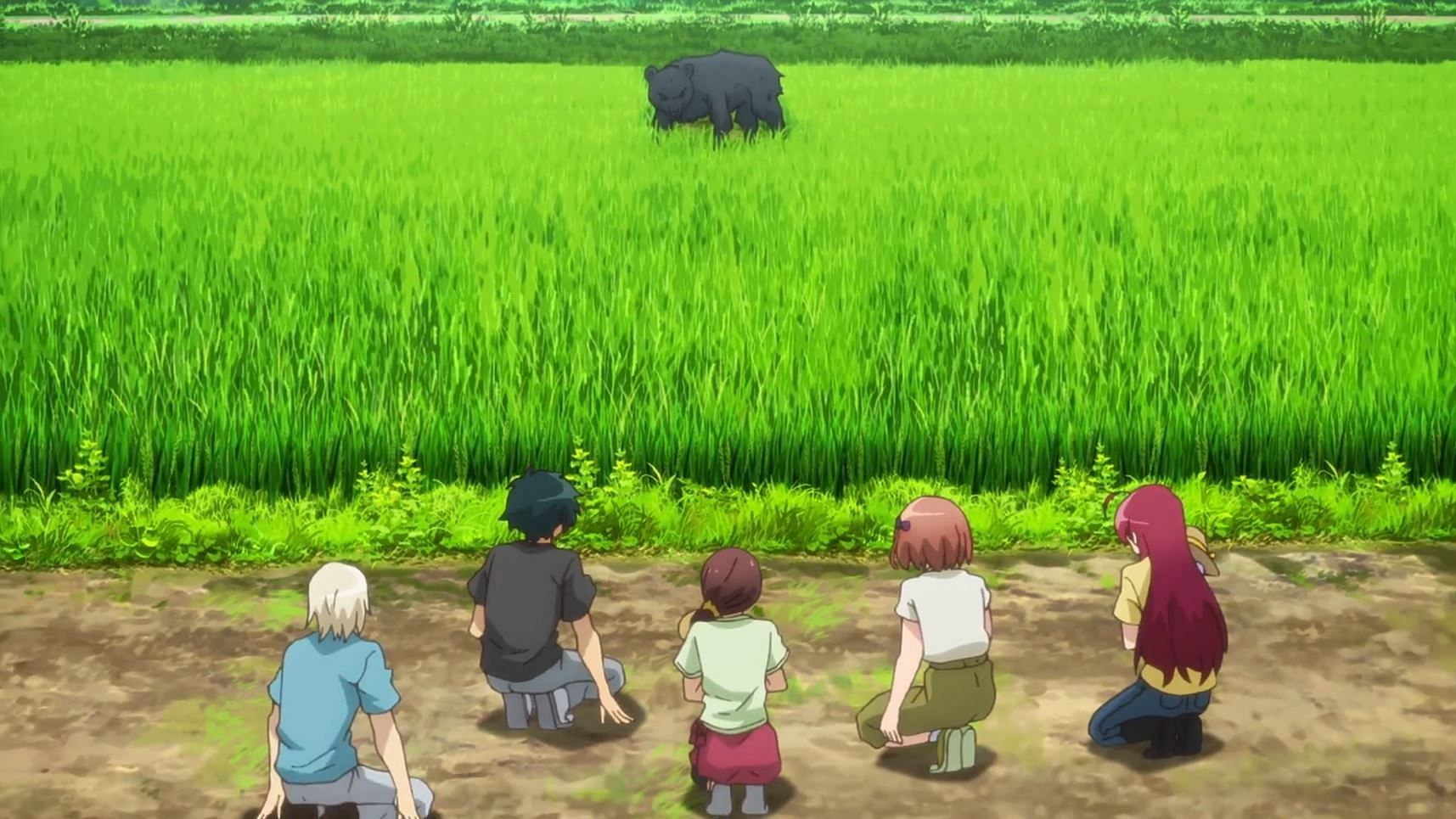 Maou and his friends hiding from the bear i The Devil is a Part-Timer!! (Image via Studio 3Hz)