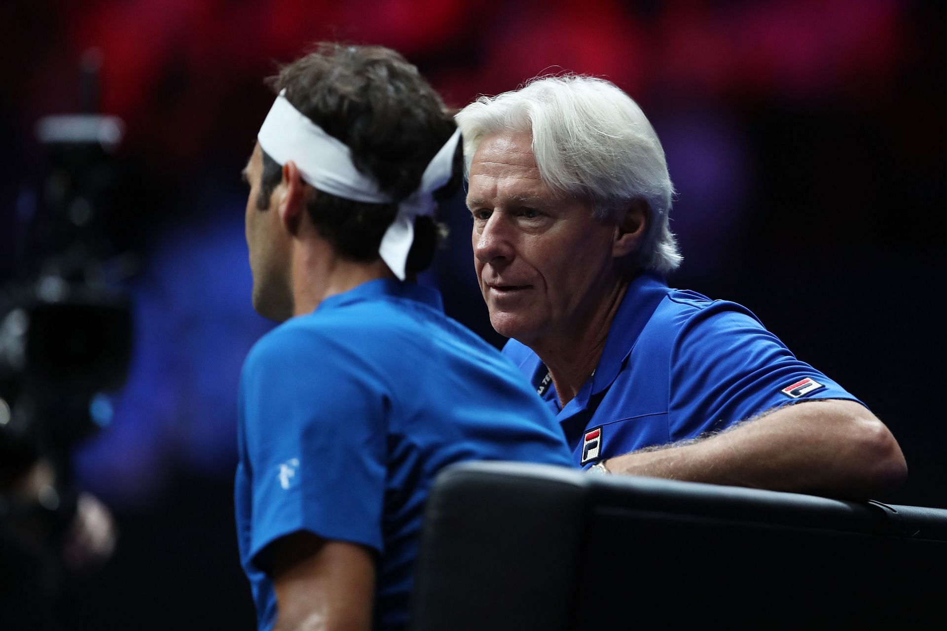 Bjorn Borg speaking to Roger Federer at the 2017 Laver Cup