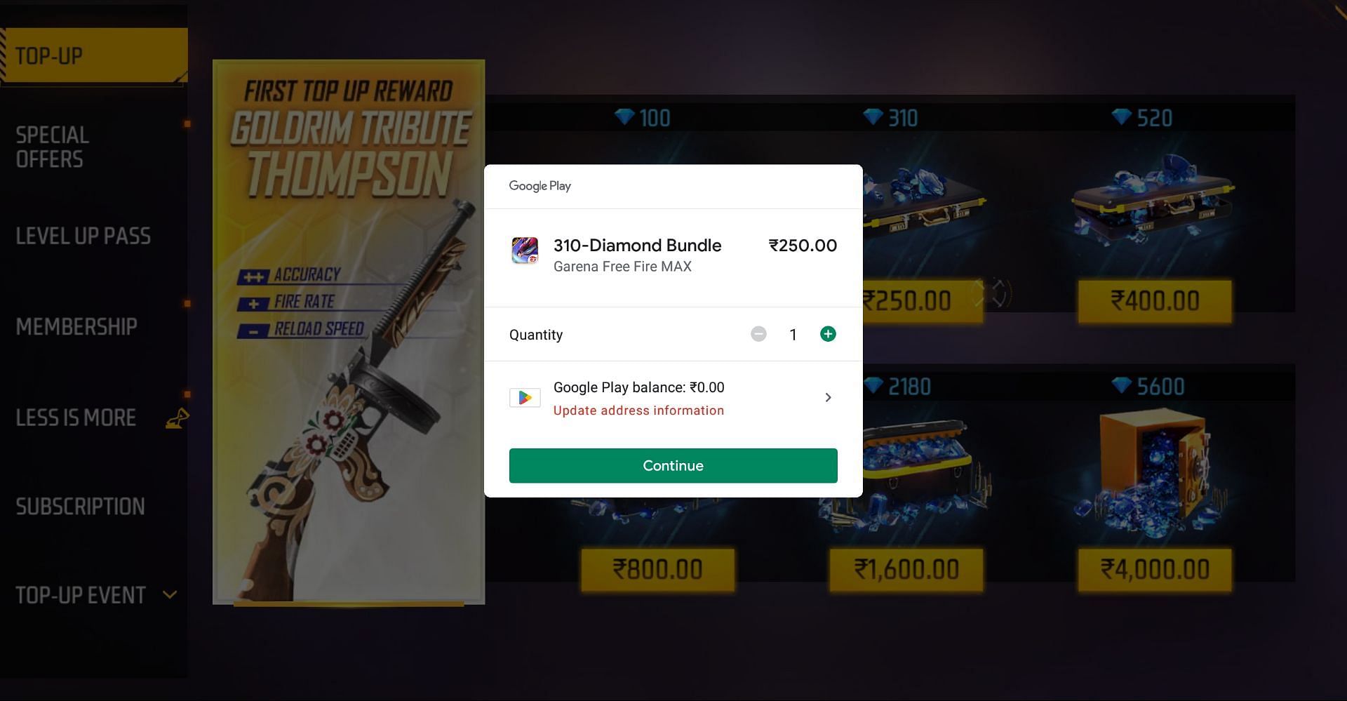 Make payment to receive the diamonds (Image via Garena)