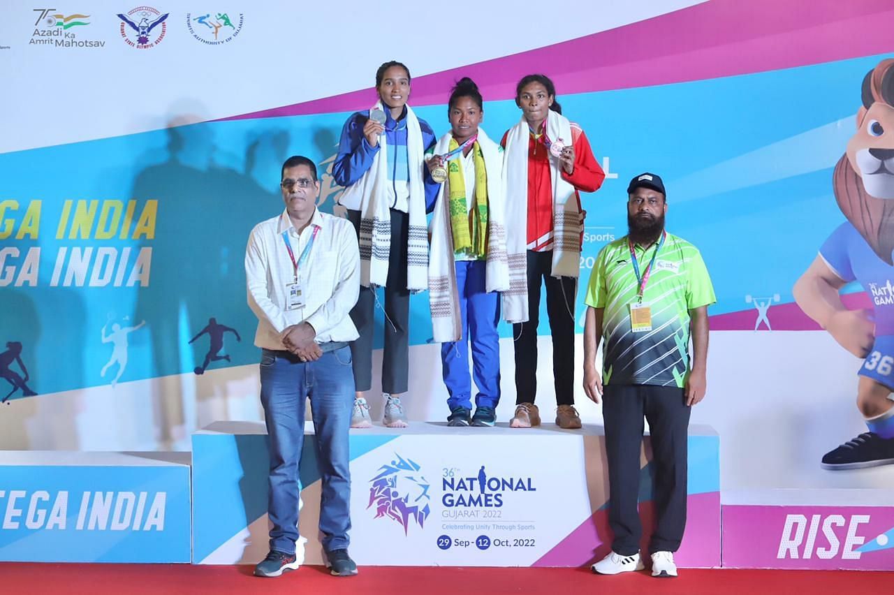 Medal winners of women&rsquo;s high jump event during the National Games on Friday in Gujarat. Photo credit SAI