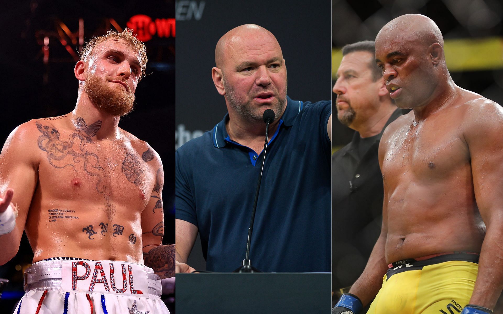 Jake Paul (left), Dana White, and Anderson Silva (right) (Image credits Getty Images)
