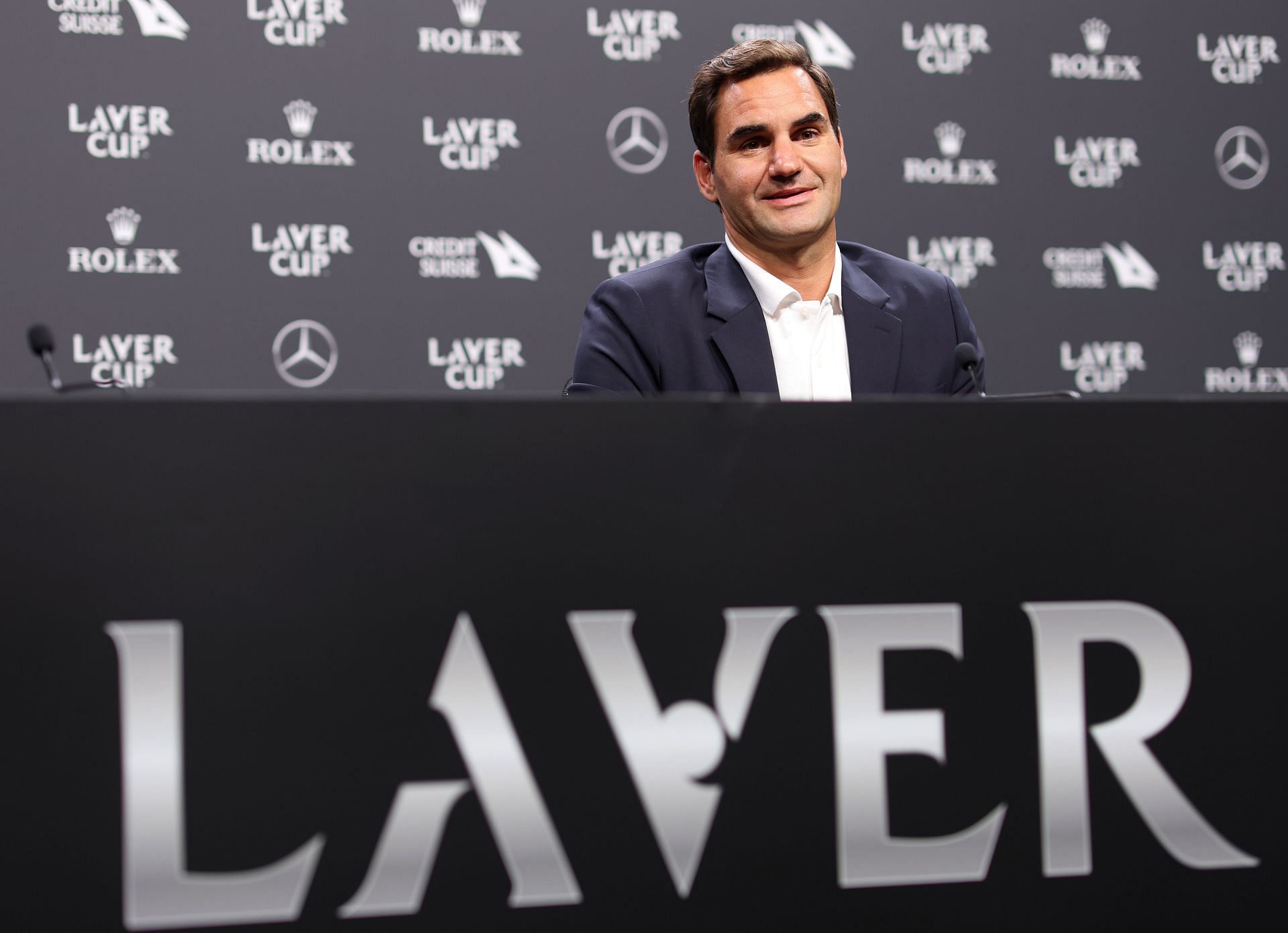 Roger Federer talks to the media during a press conference ahead of the 2022 Laver Cup.