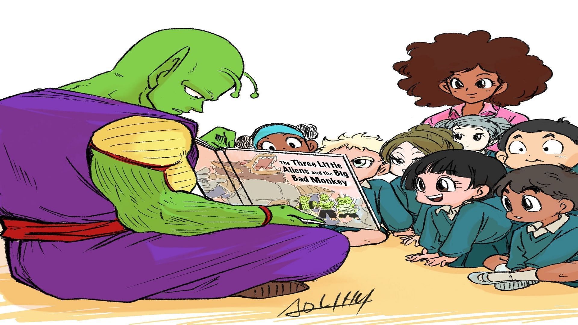 A fanart of Piccolo reading to Janet