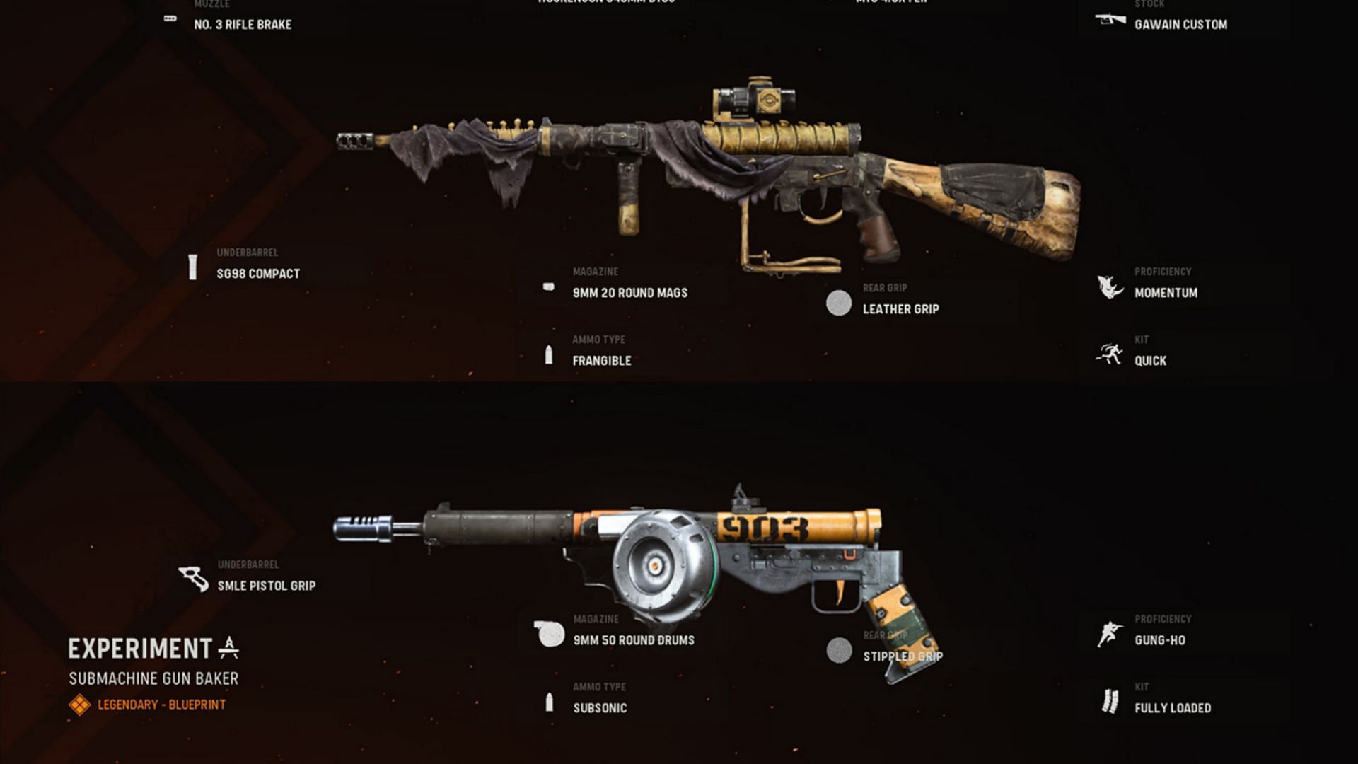 Some available blueprints for the Sten SMG in-game (Image via  Warzone/Activision)