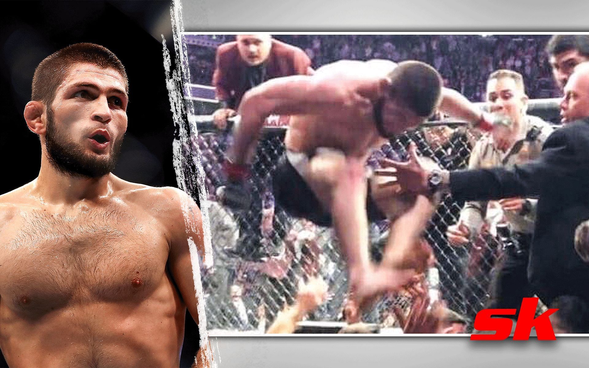 Khabib Nurmagomedov (left) leaping out after UFC 229 main event (right). [Images courtesy: left image from Getty Images and right image from Twitter @GreenManTalks]