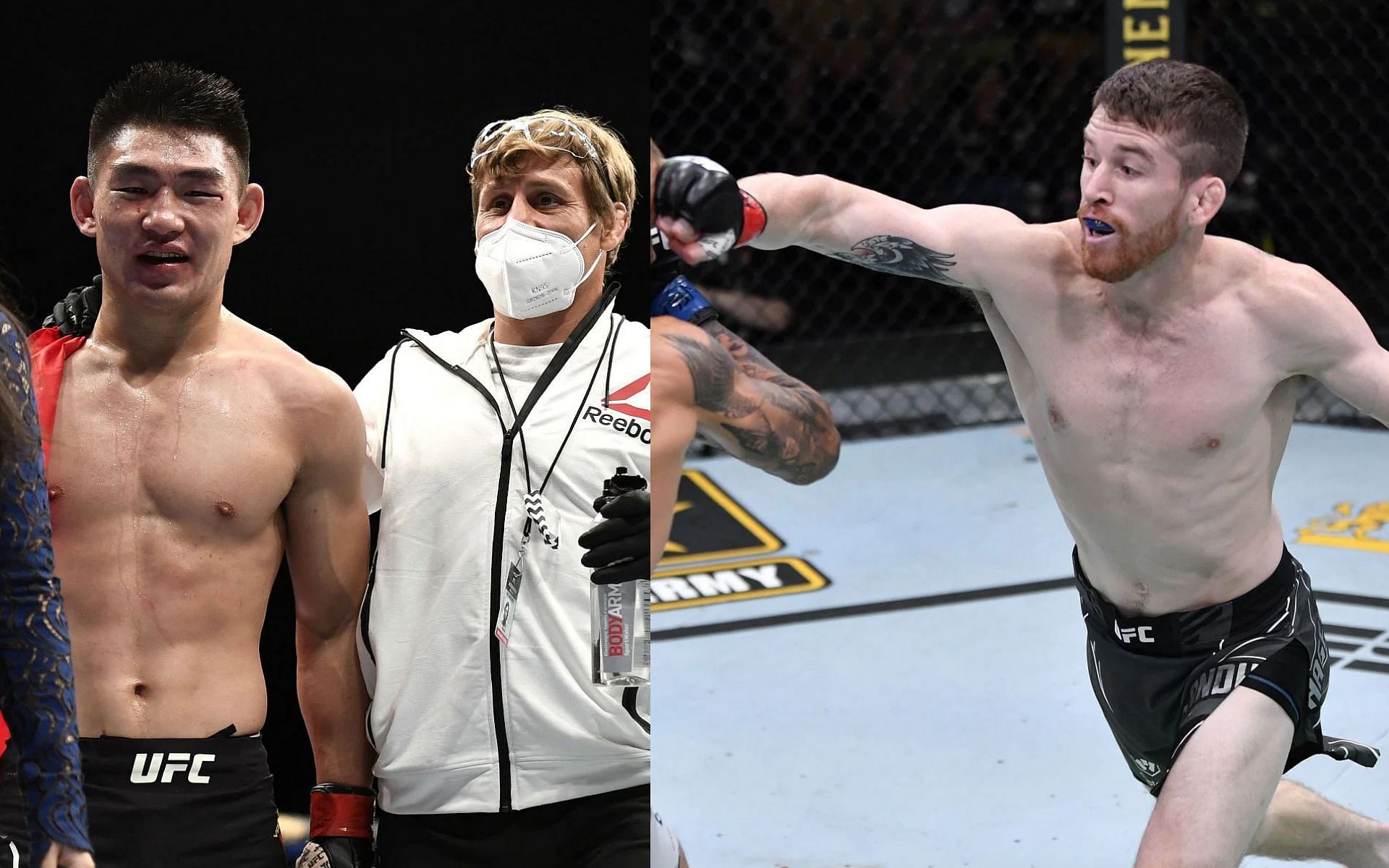 Song Yadong and his coach Urijah Faber (left) and Cory Sandhagen (right) 