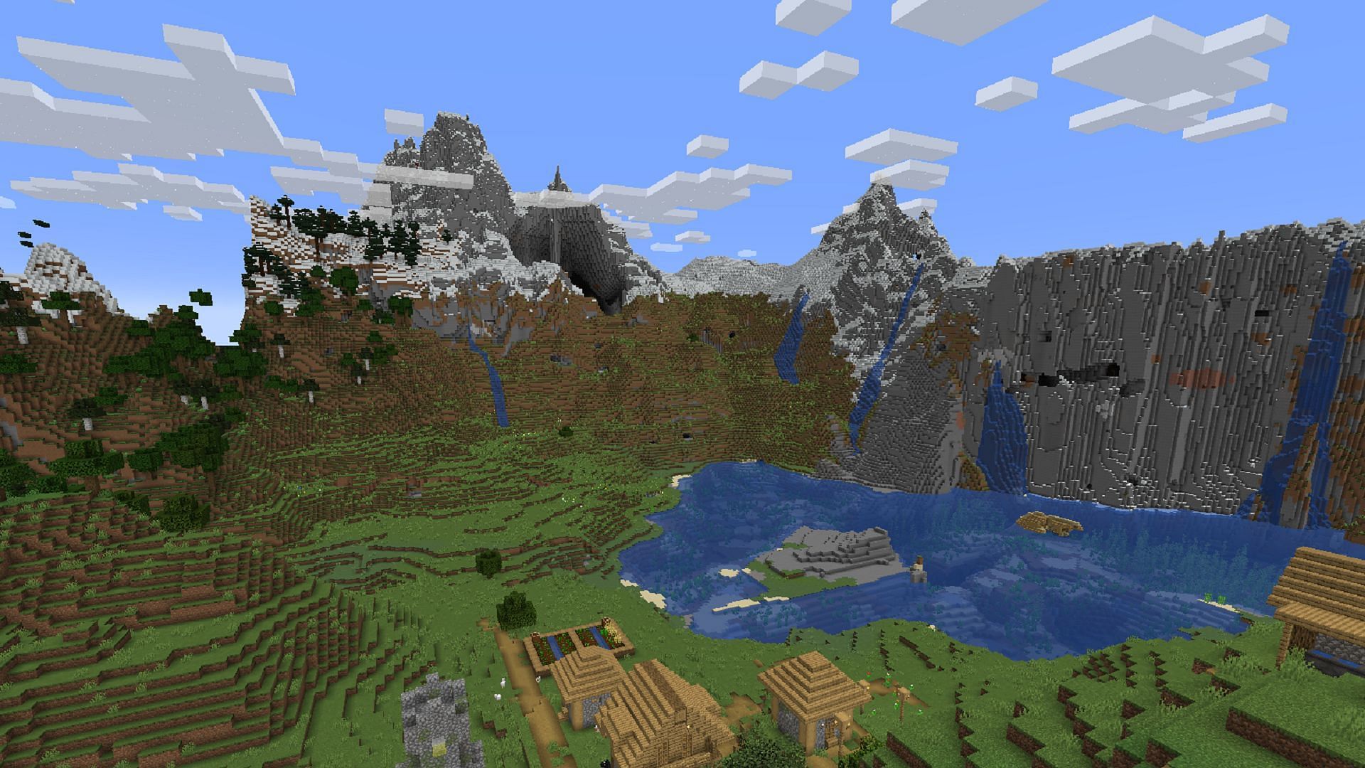 A beautiful view from a village near this seed&#039;s spawn (Image via Mojang)