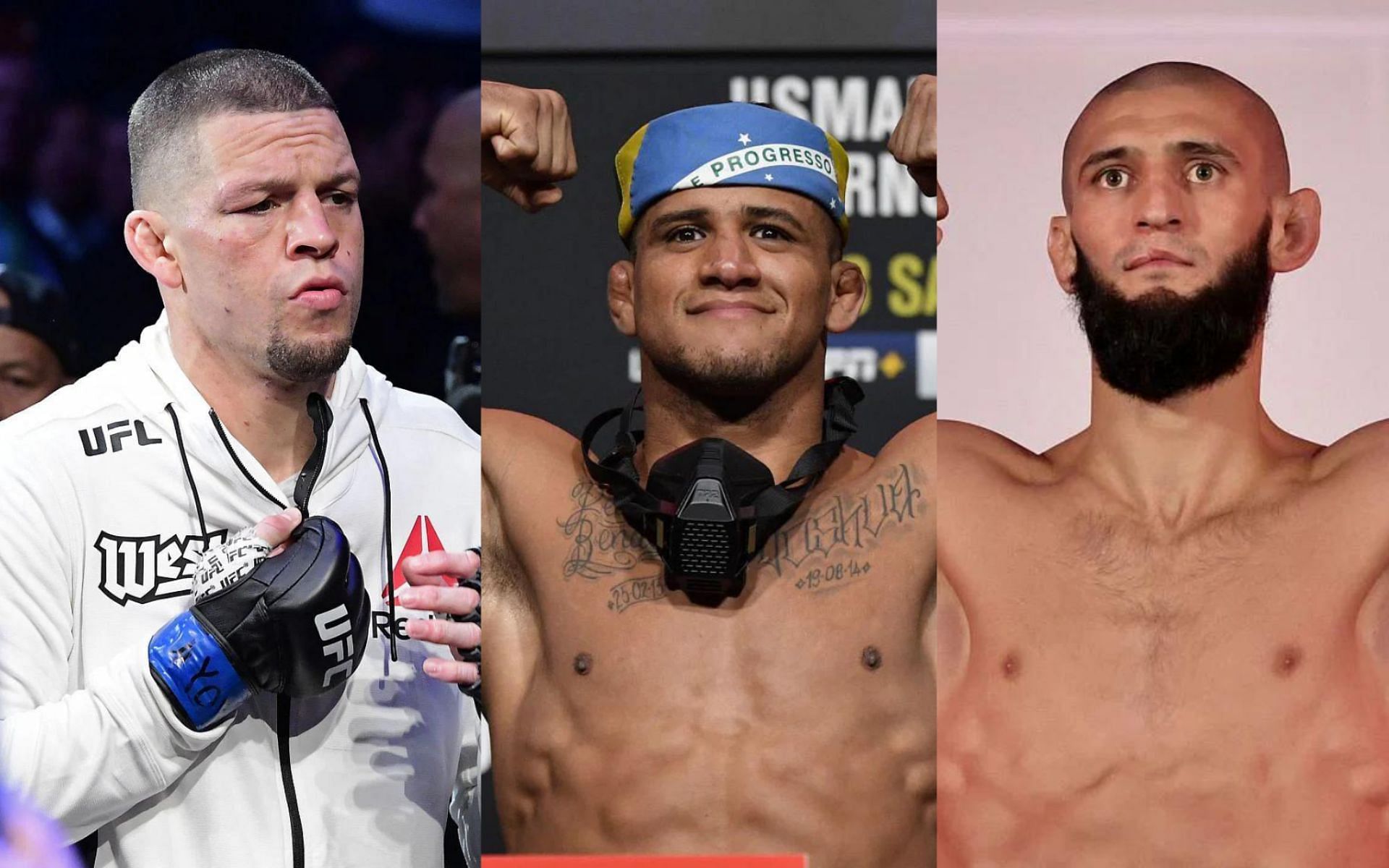 Nate Diaz (left), Gilbert Burns (center), Khamzat Chimaev (right)