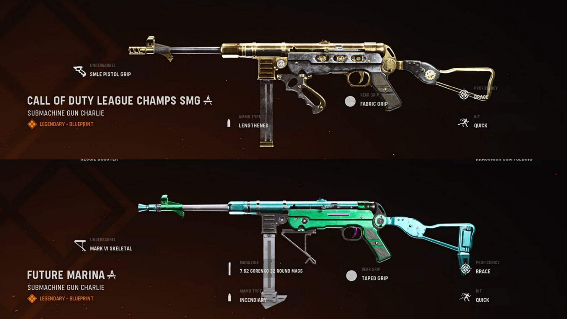 Some available blueprints for the MP40 SMG in-game (Image via Warzone/Activision)