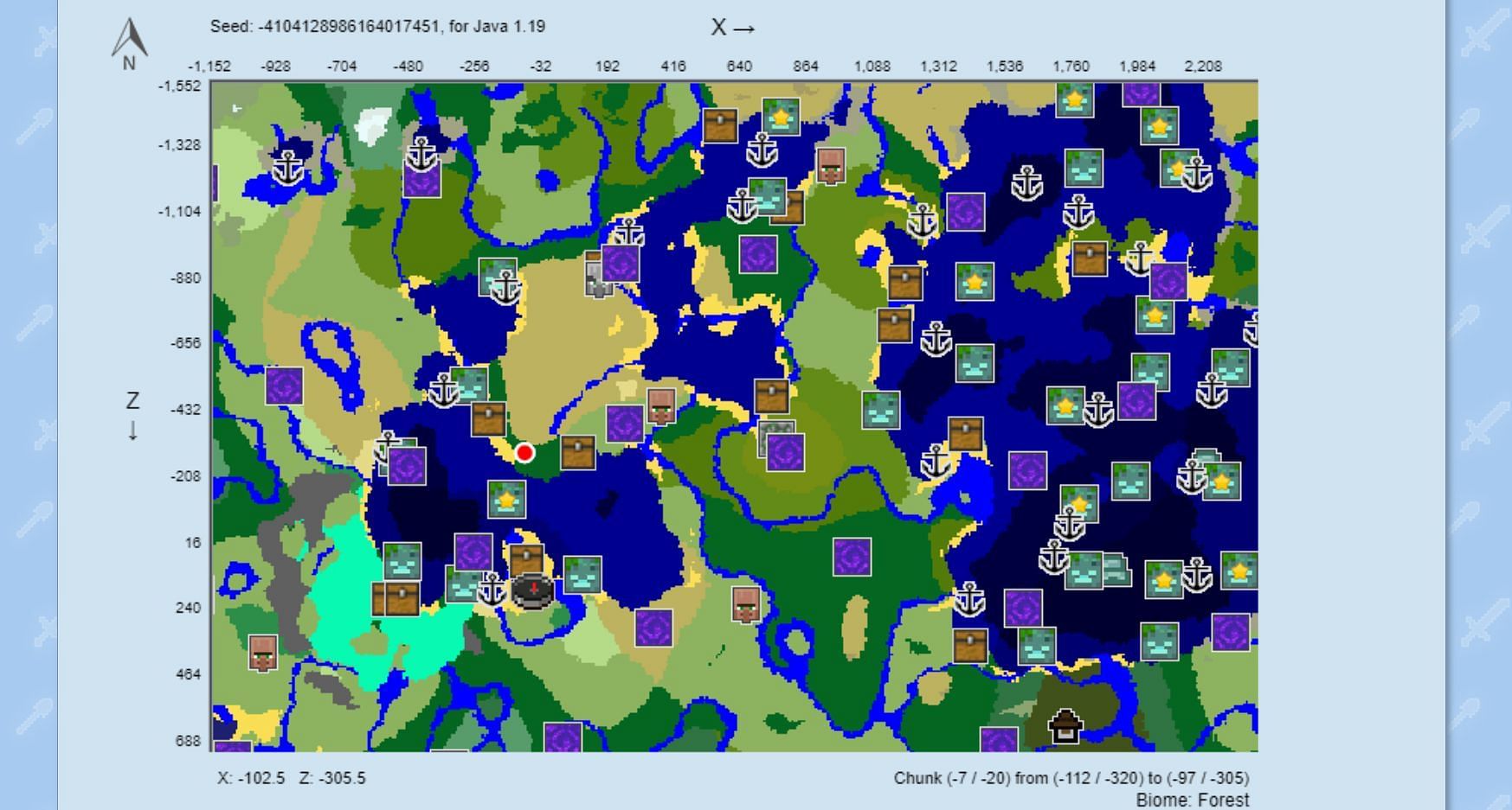 The chunk map based on the seed (Image via ChunkBase)