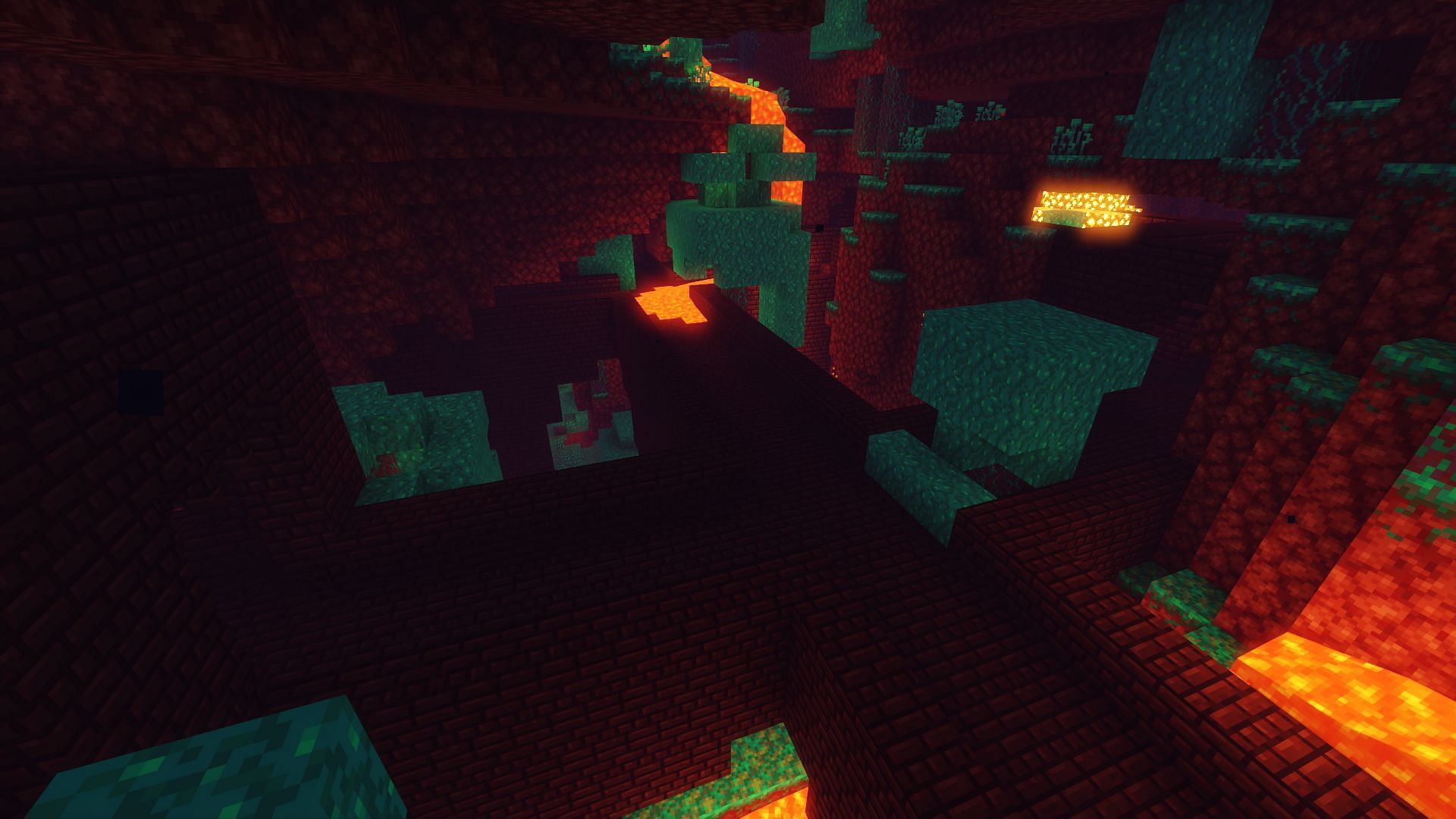 A nether fortress within a warped forest (Image via Minecraft)