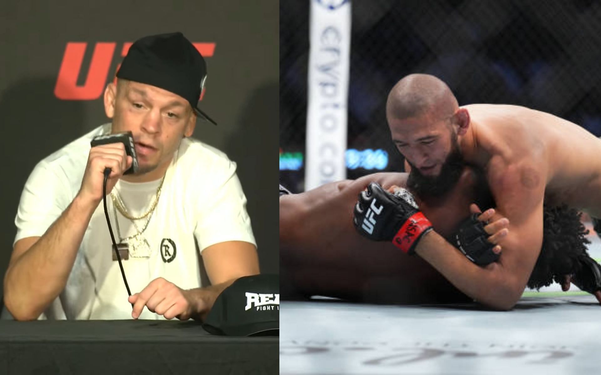Nate Diaz at UFC 279 press conference (left) [Image courtesy: @ufc on YouTube] and Khamzat Chimaev vs.Kevin Holland (right)