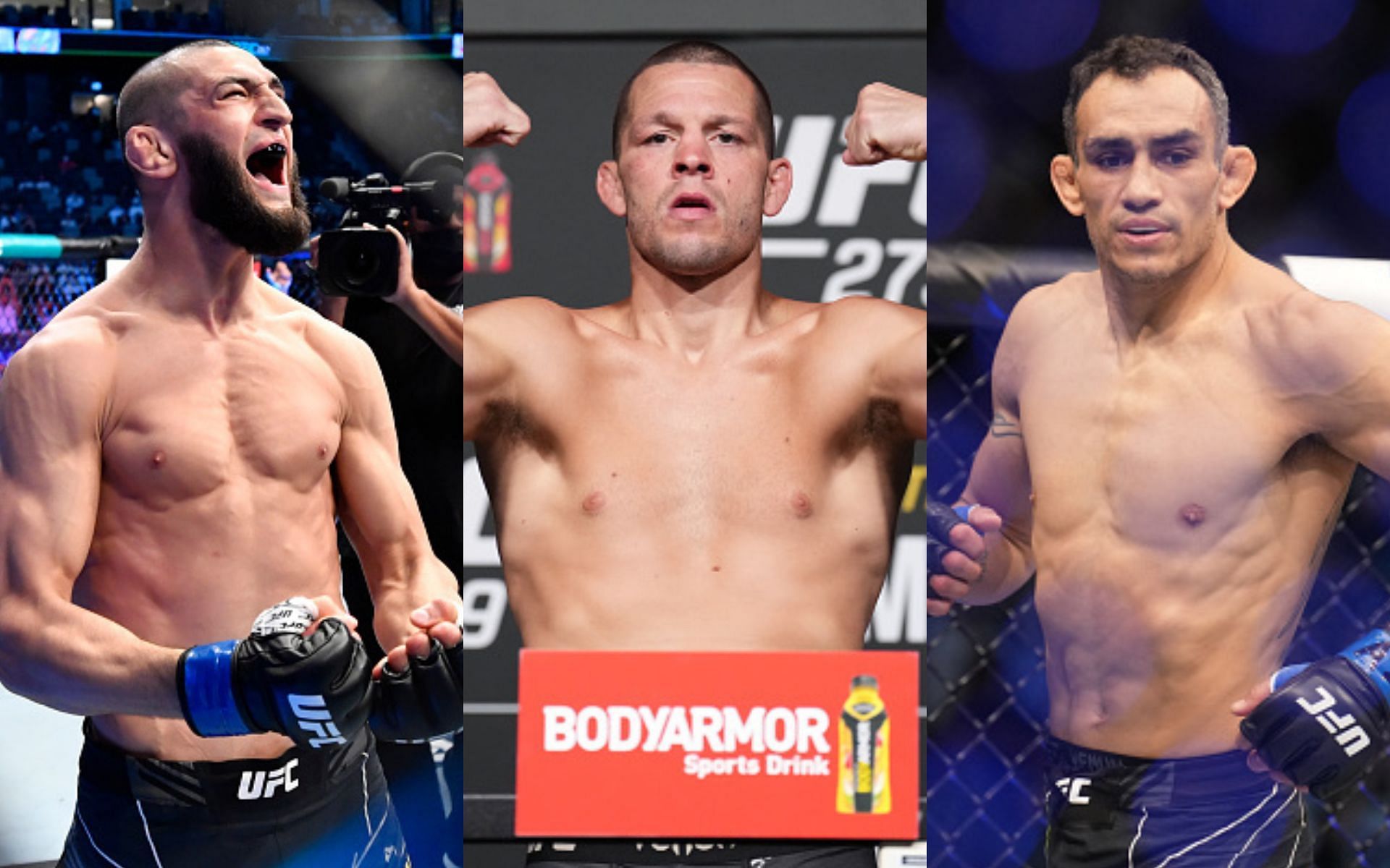 Khamzat Chimaev (left), Nate Diaz (middle), Tony Ferguson (right)