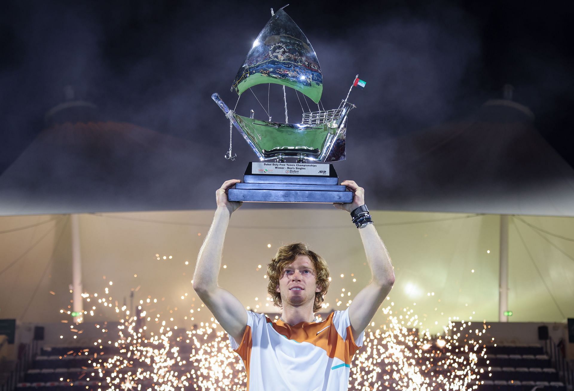Rublev with the Dubai Open trophy