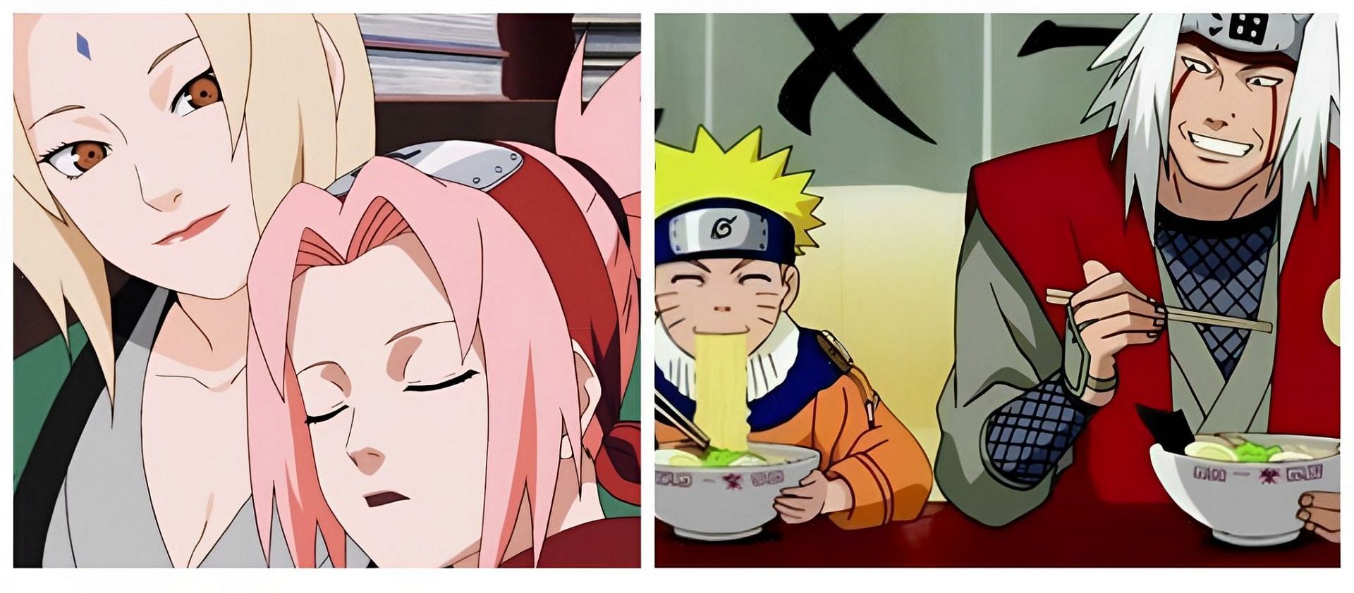 Tsunade shoulders a tired Sakura while Jiraiya share a meal with his pupil (Image via Sportskeeda)