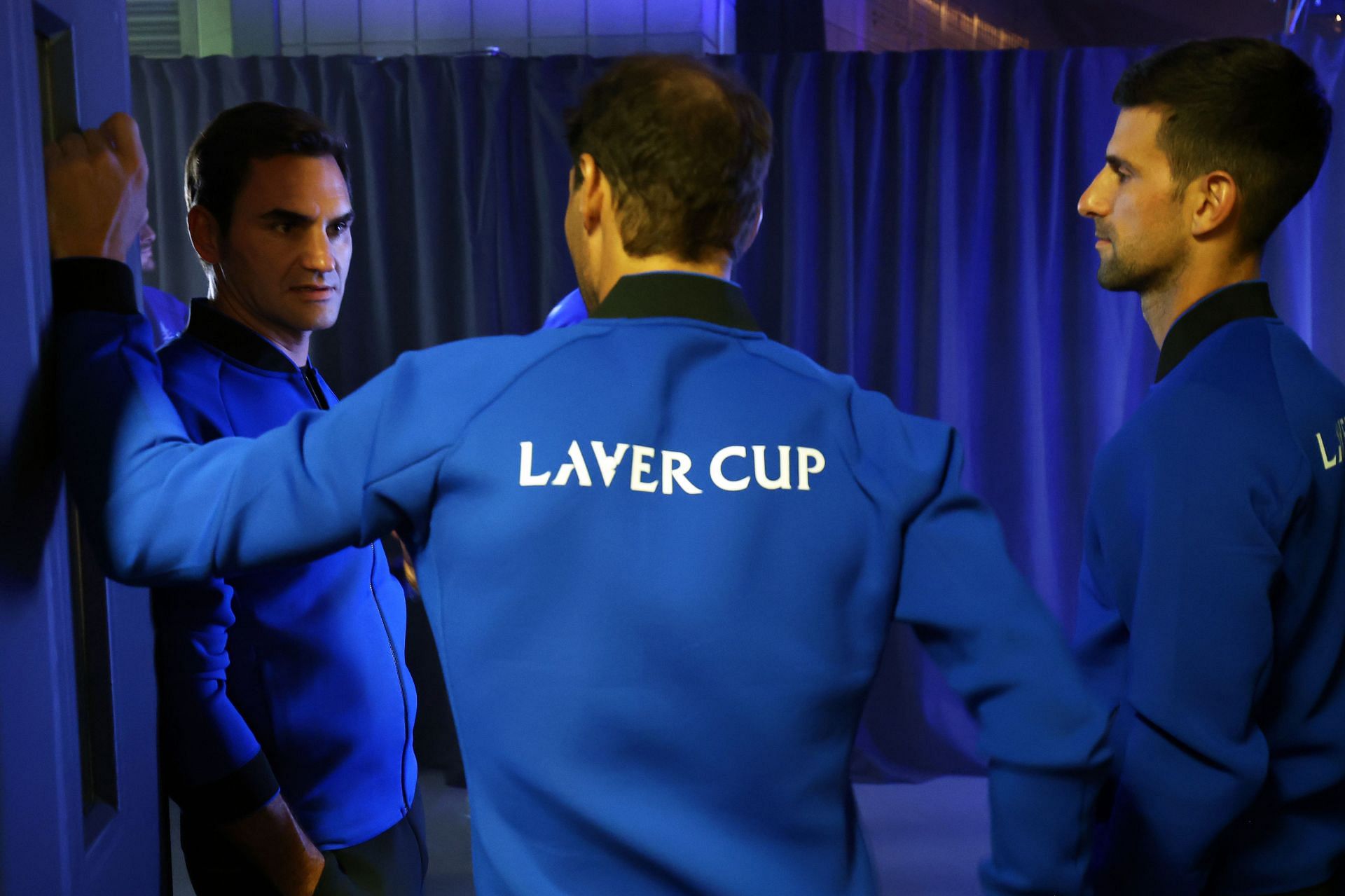 Roger Federer speaks with Rafael Nadal and Novak Djokovic at the 2022 Laver Cup 
