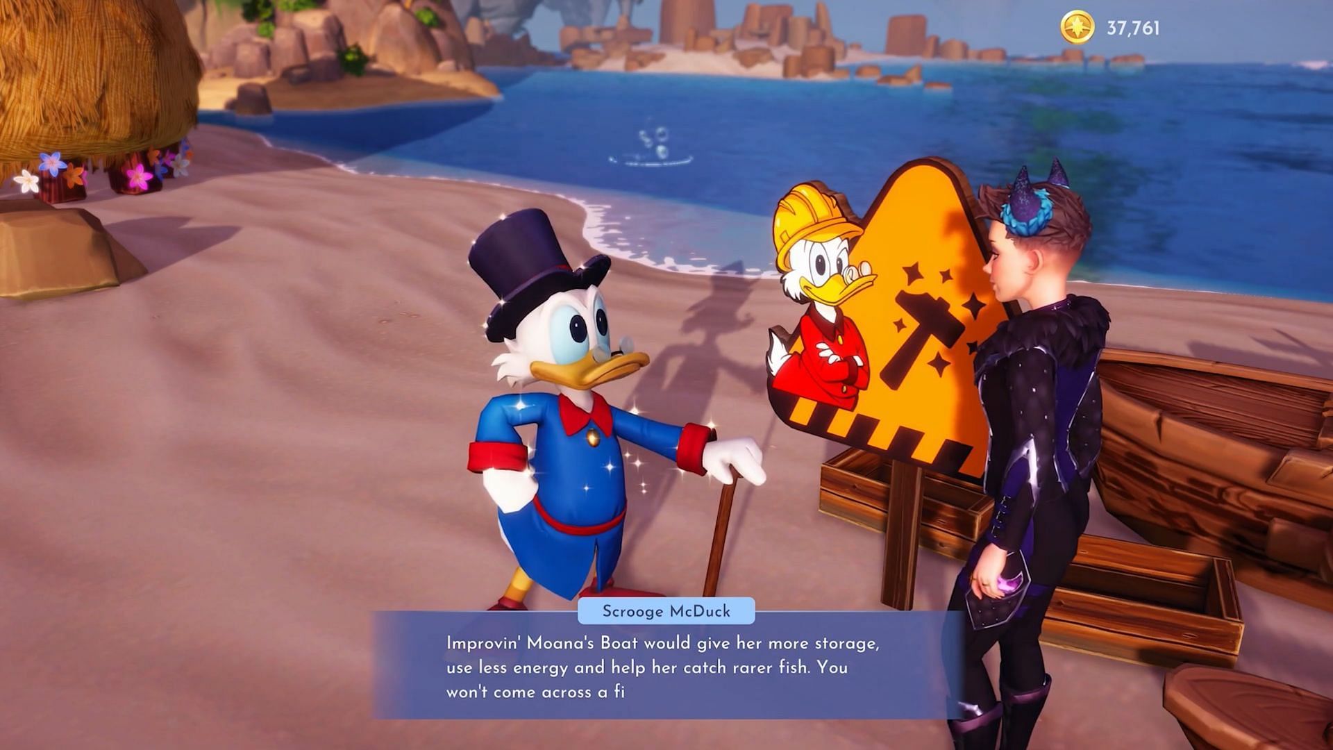 Scrooge McDuck at the beach, upgrading the repaired boat (Image via Gameloft)