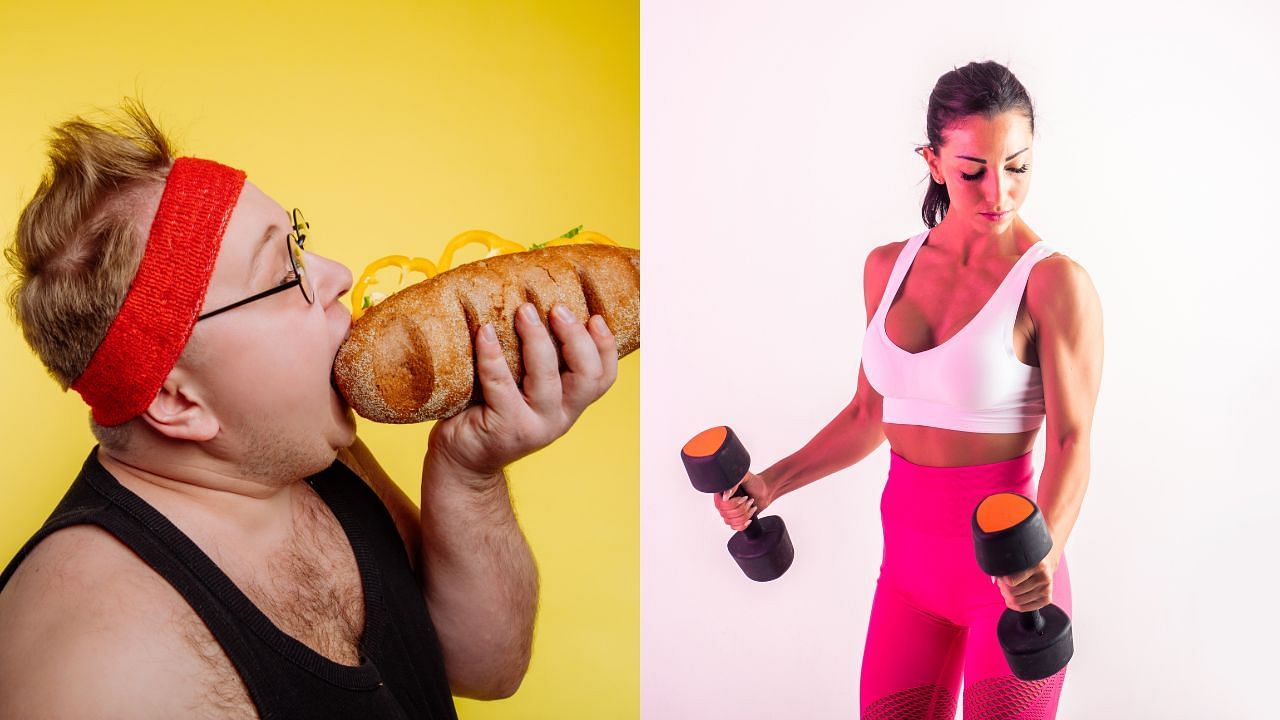 Man eating junk food (On the left)/ Woman with toned body working out (In the right)