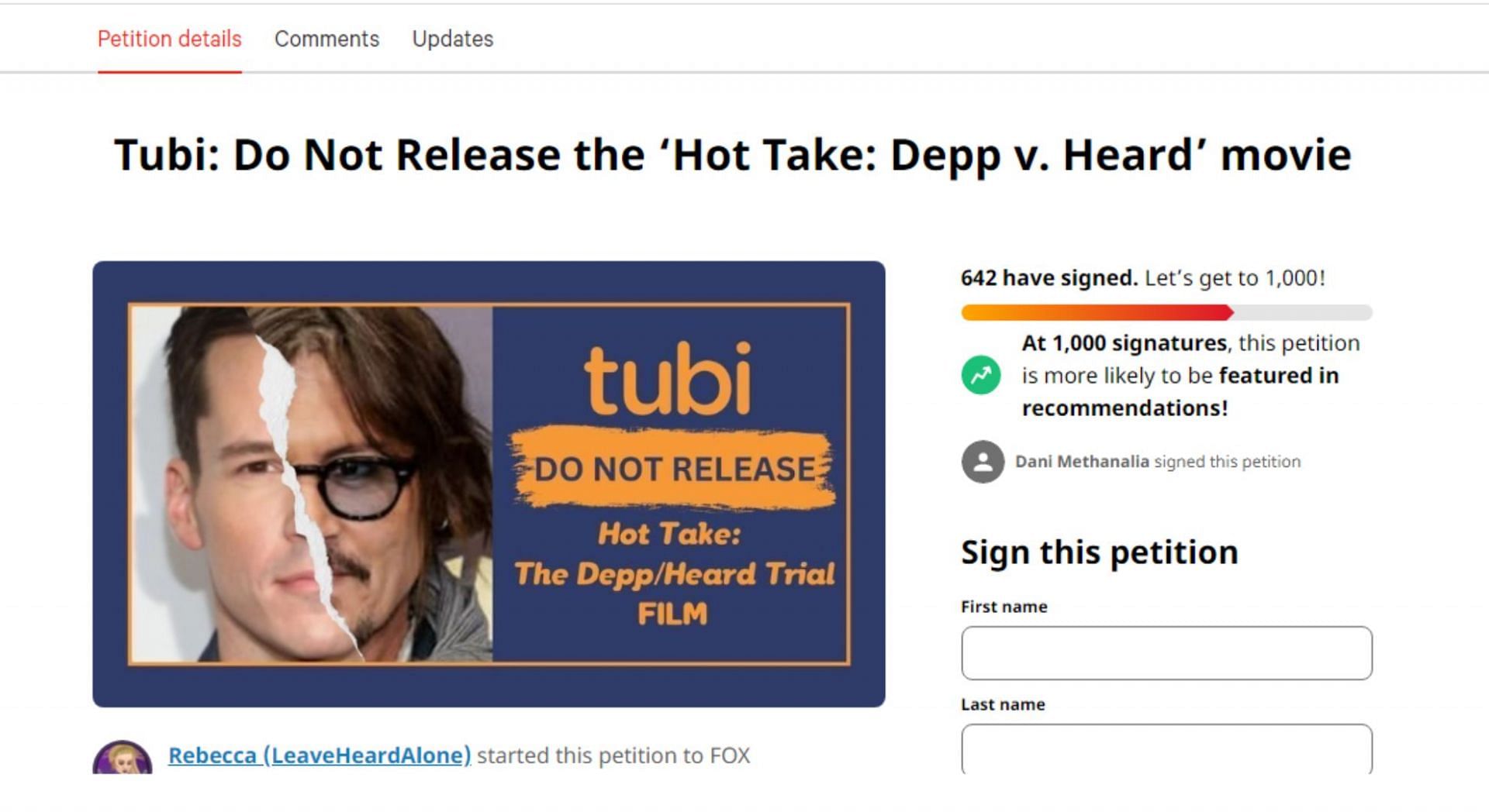 &ldquo;Tubi: Do Not Release the &lsquo;Hot Take: Depp v. Heard&rsquo; movie&rdquo; petition (Image via Change)