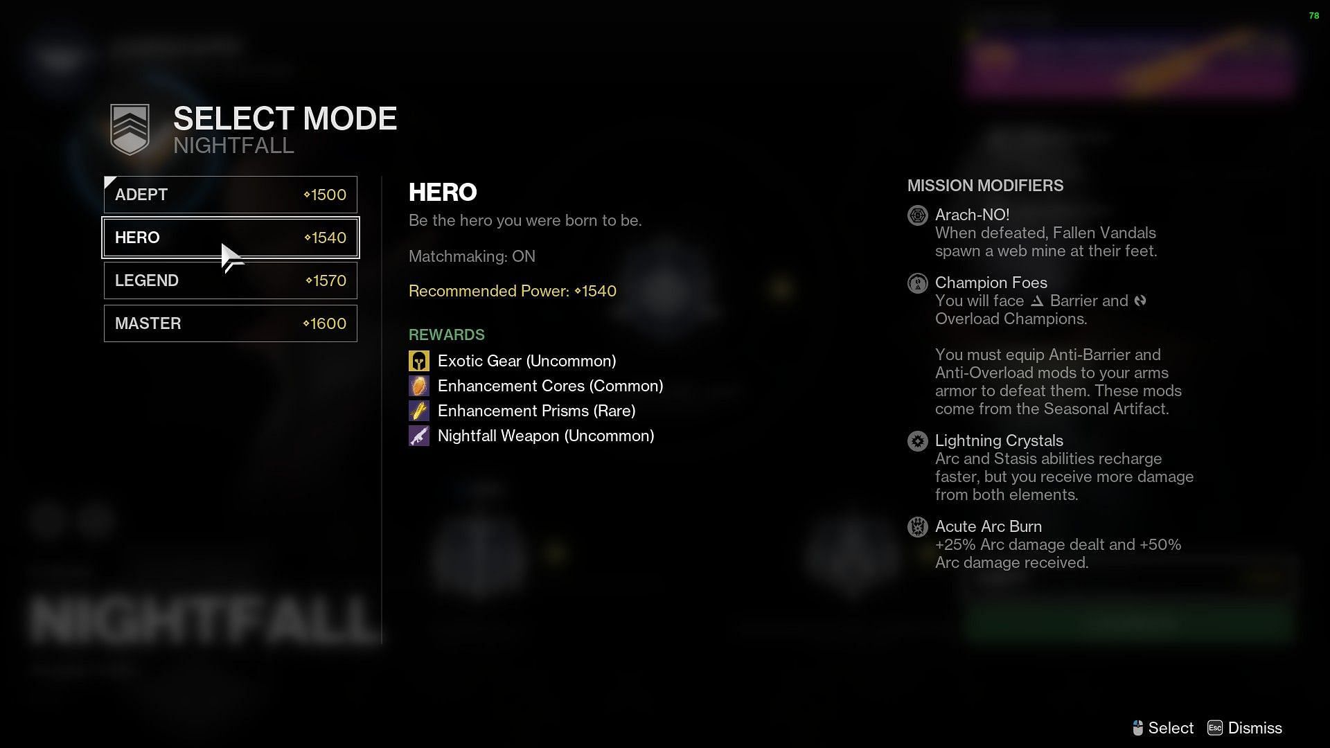 Hero difficulty Nightfall (Image via Destiny 2)