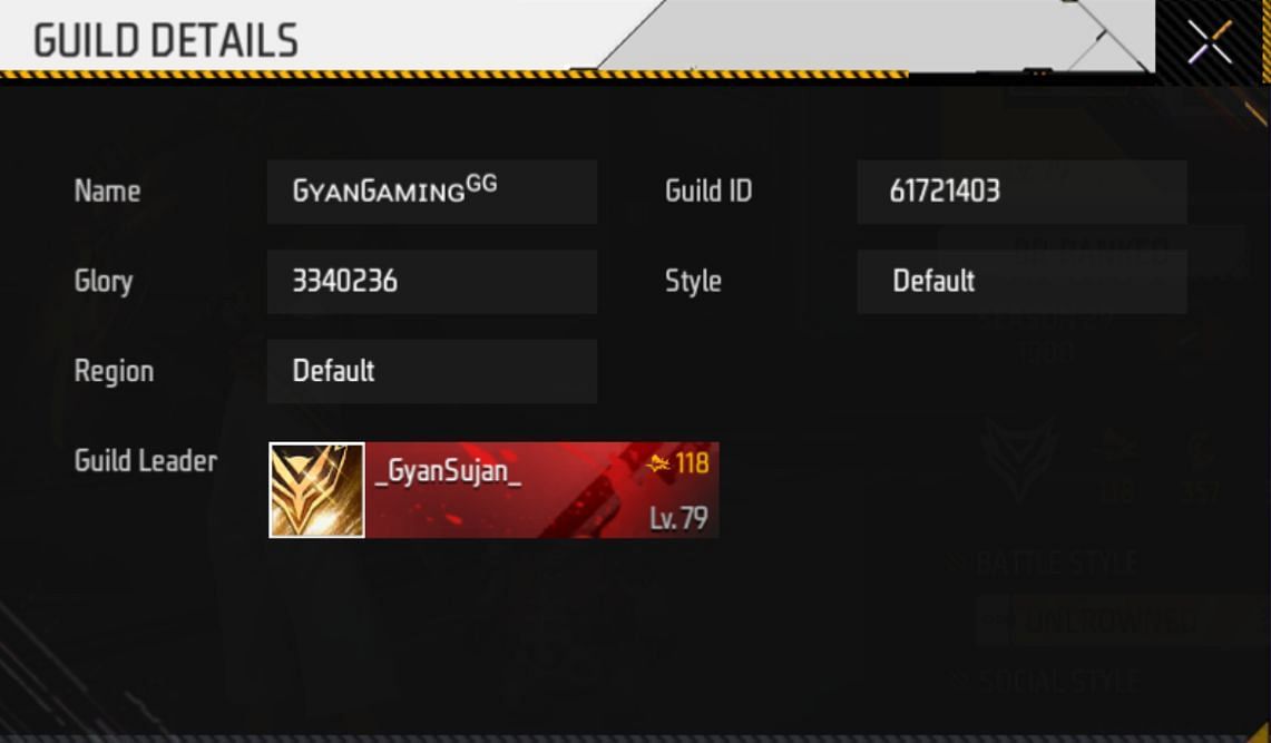 Gyan Gaming&#039;s guild details (Image via Garena)