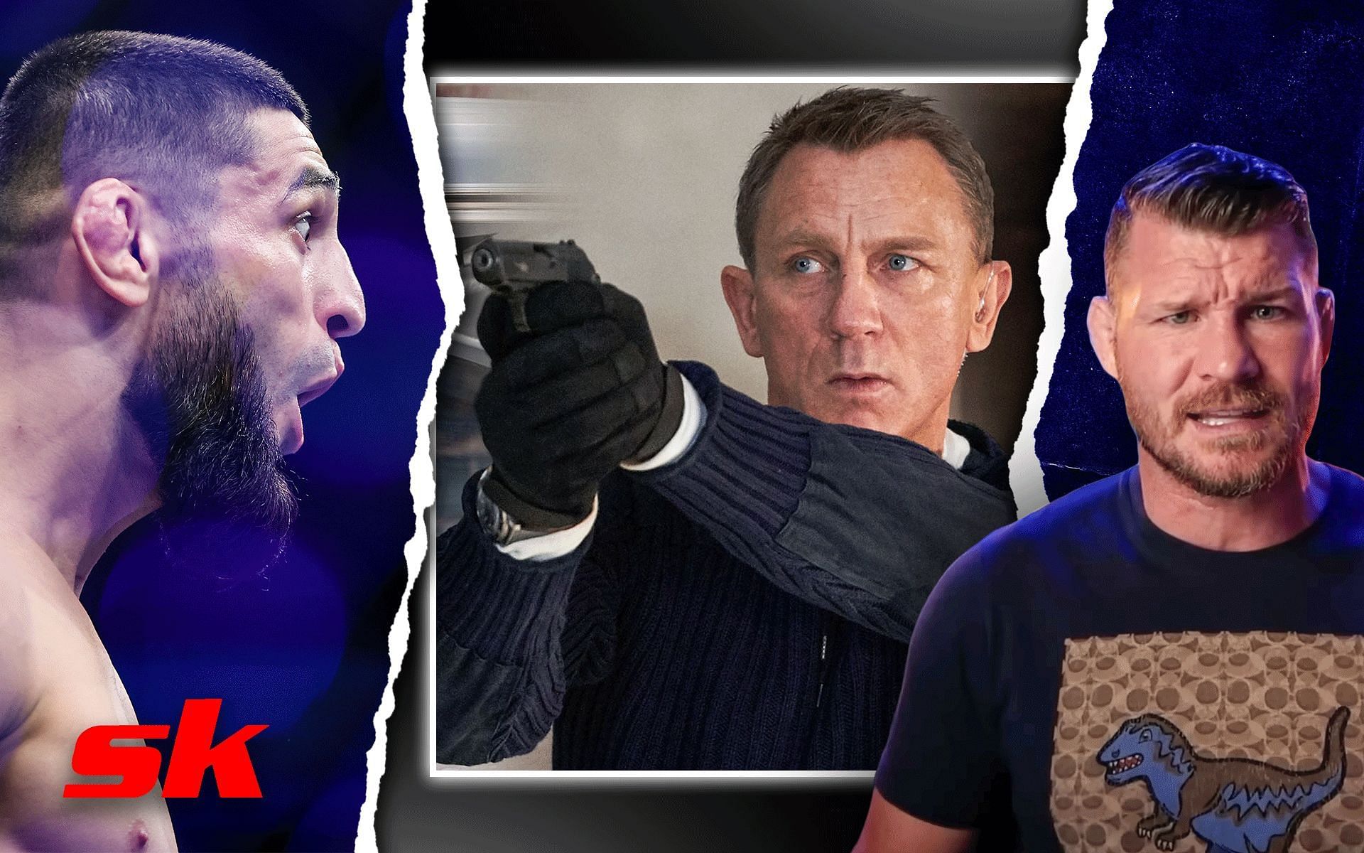 Khamzat Chimaev (left), Daniel Craig as James Bond (centre), Michael Bipsing (right) [Images courtesy of @007 on Instagram &amp; Michael Bisping on YouTube]