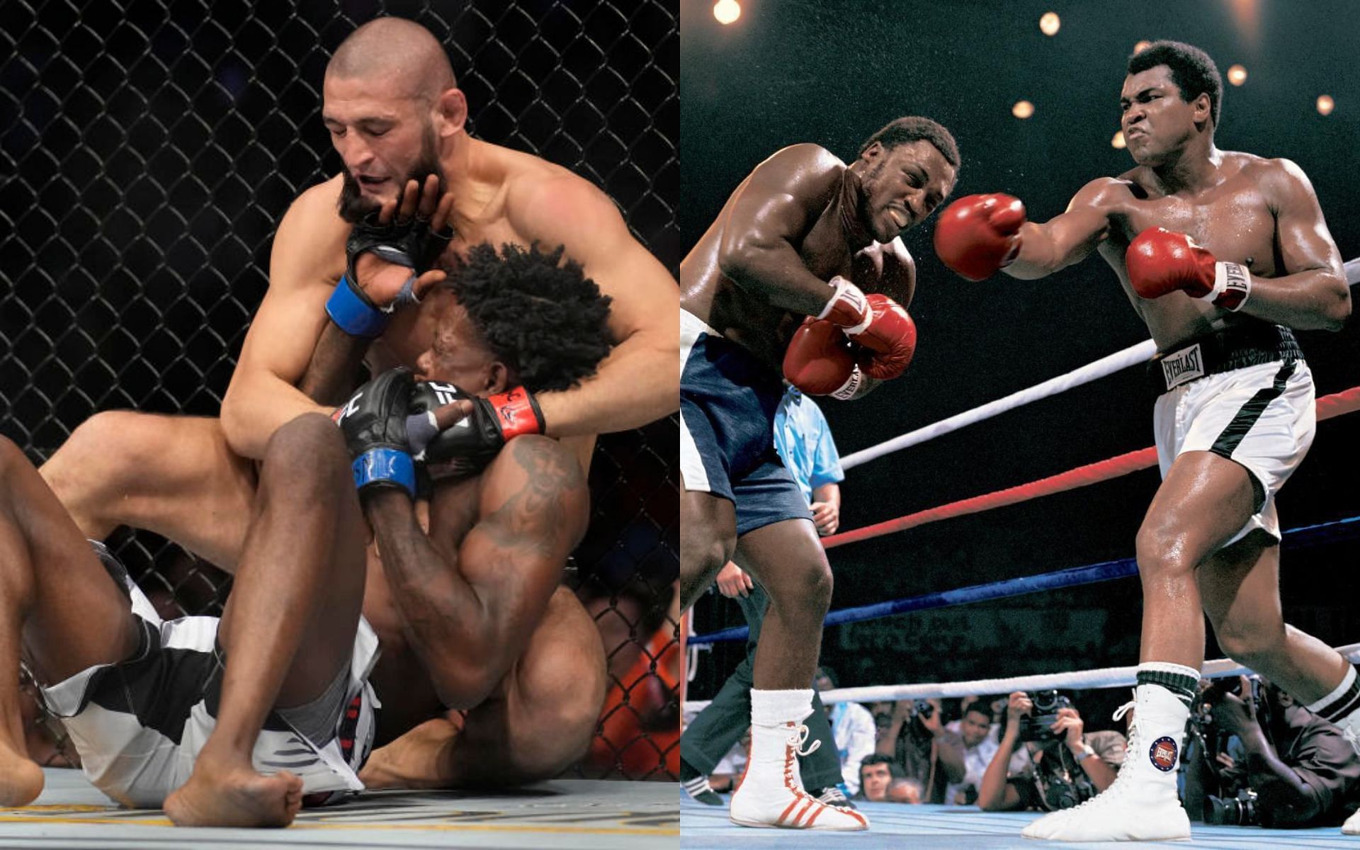 Khamzat Chimaev vs. Kevin Holland (left) &amp; Muhammad Ali vs. Joe Frazier (right) [Photo credit: yahoo.com &amp; si.com]