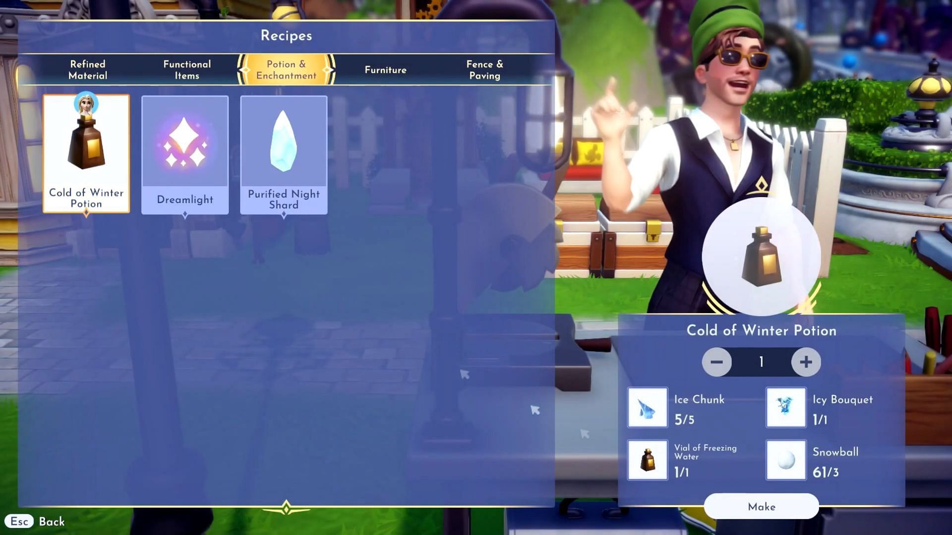 Crafting the Cold of Winter potion in Disney Dreamlight Valley (Image via Youtube - Quick Tips)
