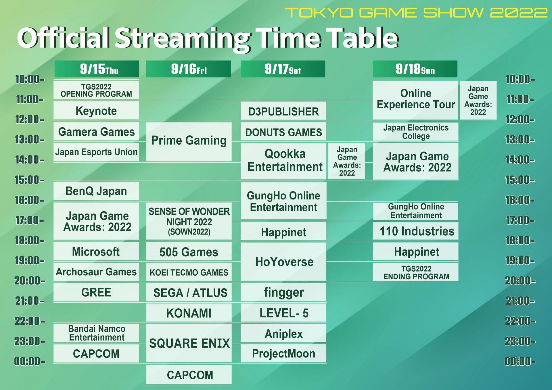 The official livestream schedule for Tokyo Game Show 2022 (Image via TGS 2022)
