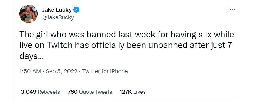 Jake Lucky tweets about Kimmikka getting banned (Image via Twitter)