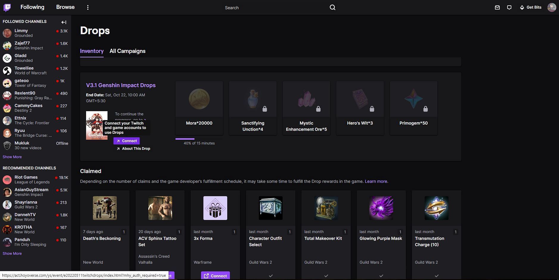 Enabled drops page for Genshin Impact resources (Image via Twitch)