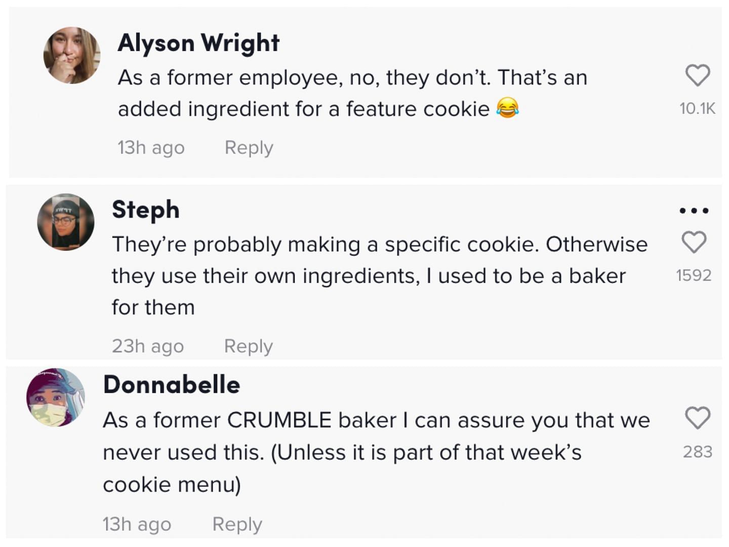 Former employees of Cookie Crumbl talk about how the company does not use any pre mix to make their cookies (Image via TikTok)