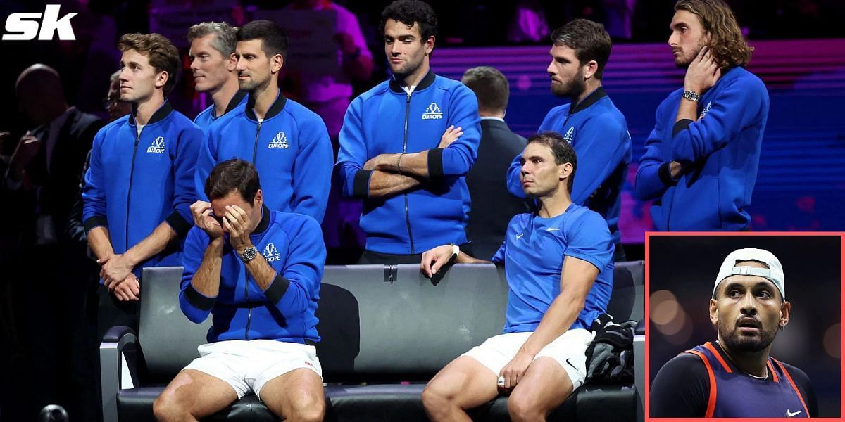 Team Europe players look on after Roger Federer