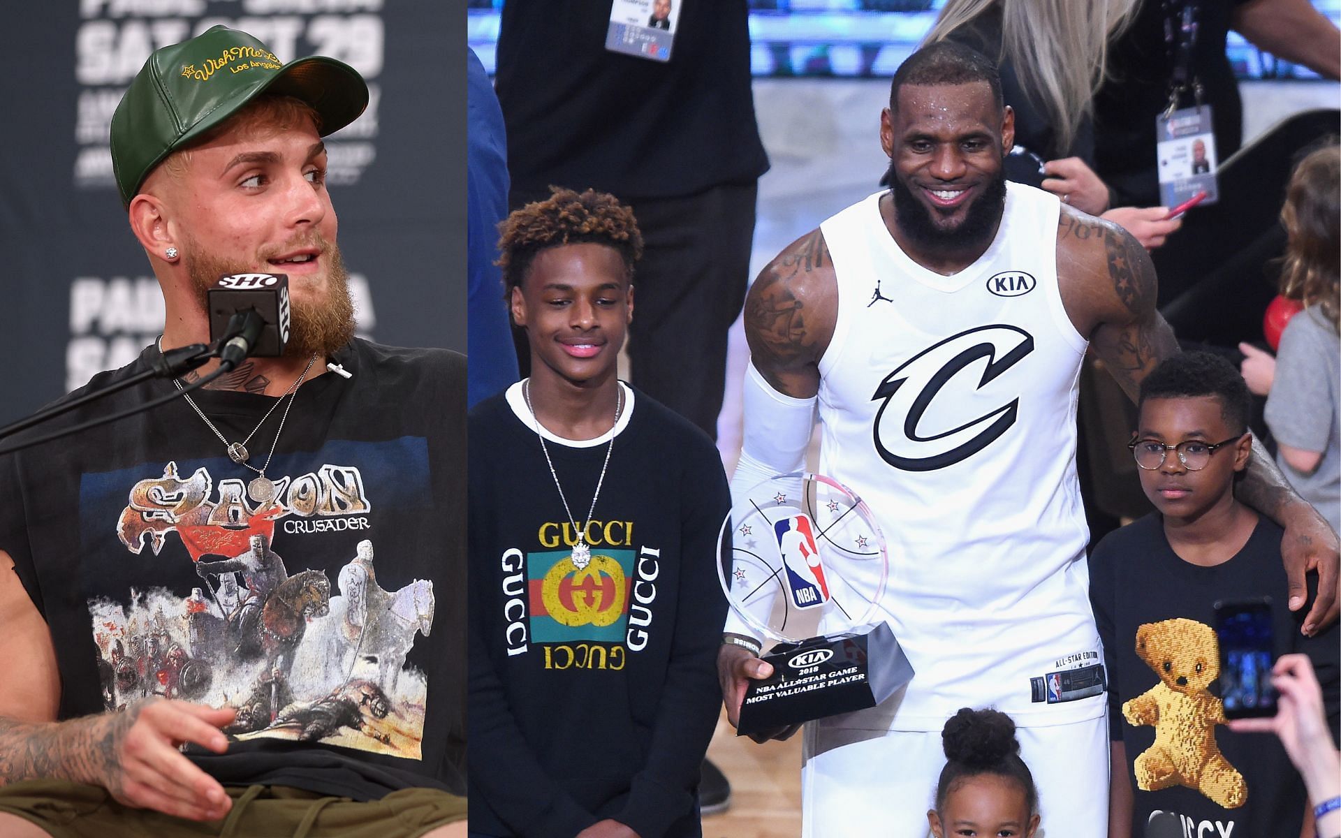 Jake Paul (left) and LeBron James with his sons Bronny James and Bryce James (right) (Image credits Getty Images)