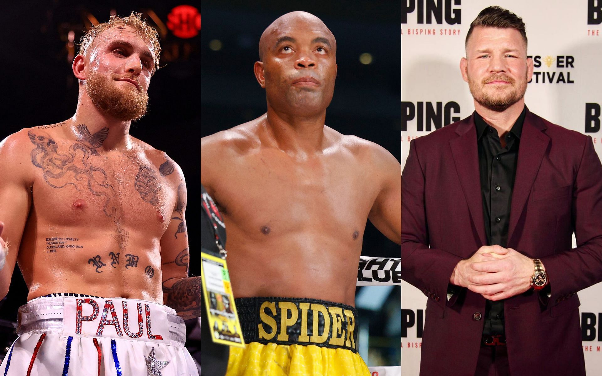 Jake Paul (Left), Anderson Silva (Middle), and Michael Bisping (Right) [Image courtesy: Getty Images and @mikebisping Instagram]