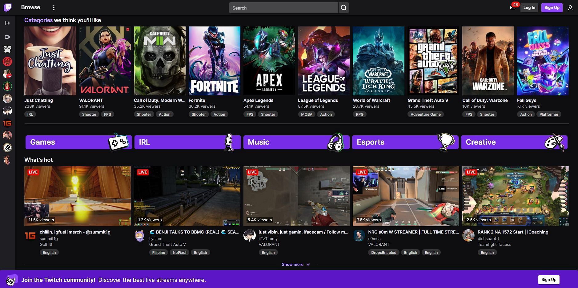 The Twitch home page (Image via Twitch)