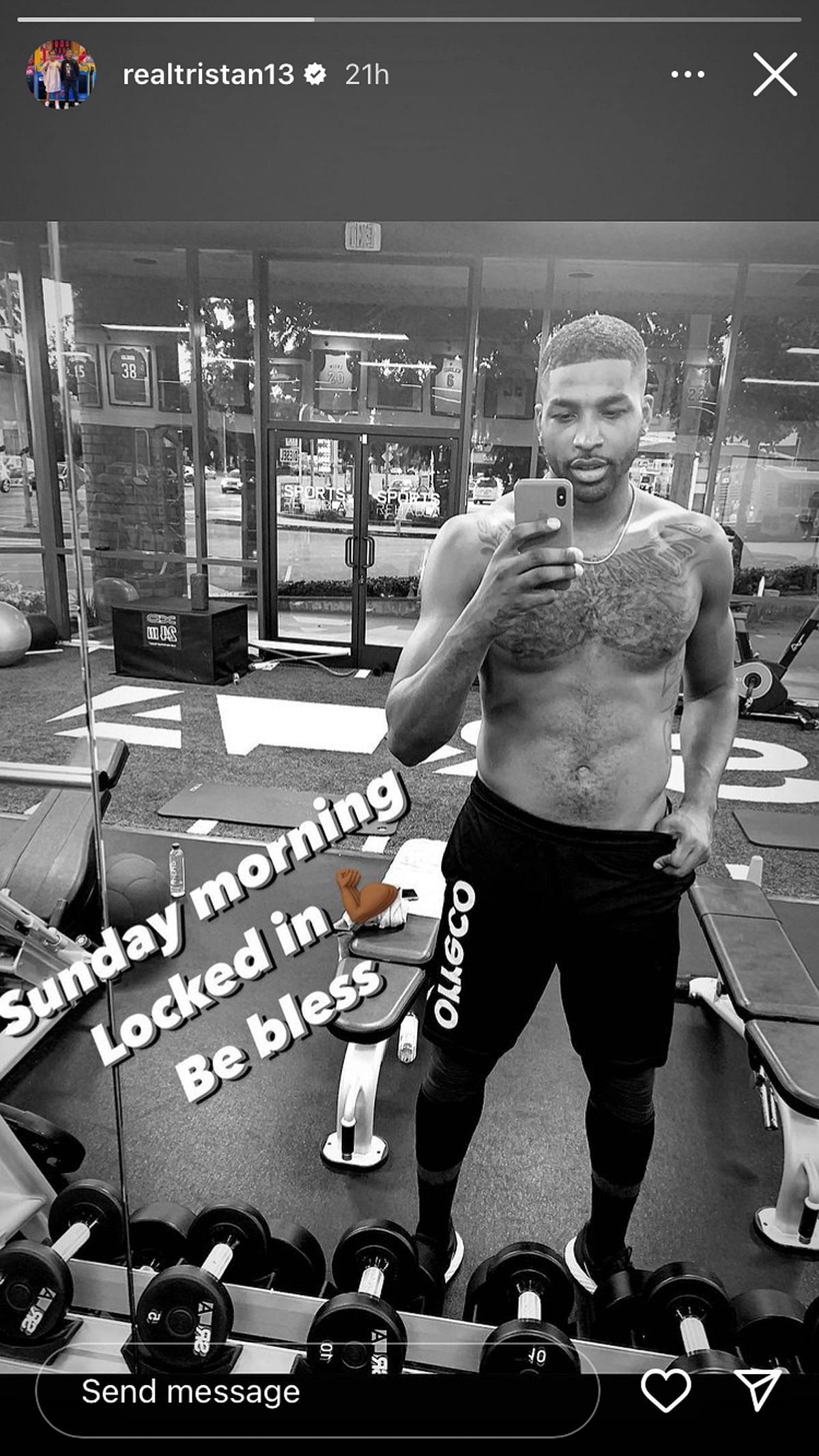 Thompson&#039;s gym selfie was most likely a reaction to Khloe&#039;s picture (Image via realtristan13 / Instagram)