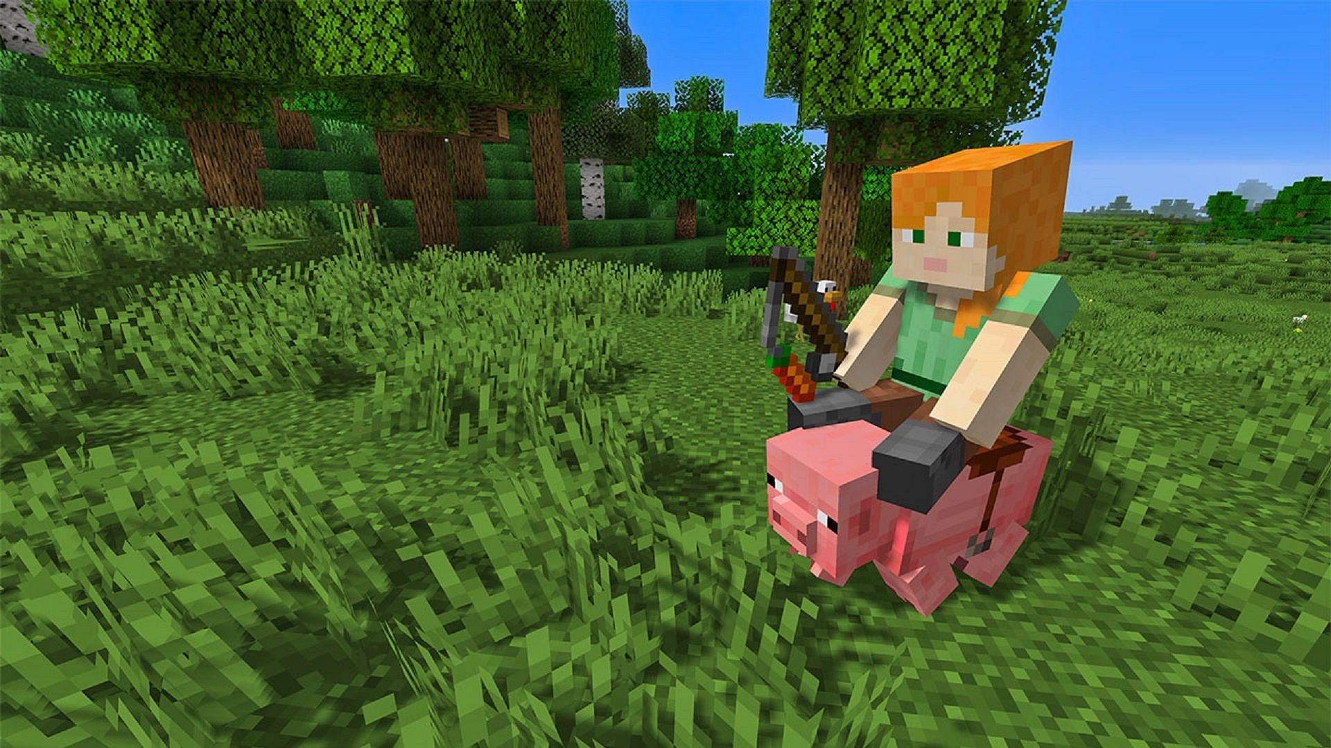Alex riding a pig with a carrot on a stick for steering (Image via Mojang)