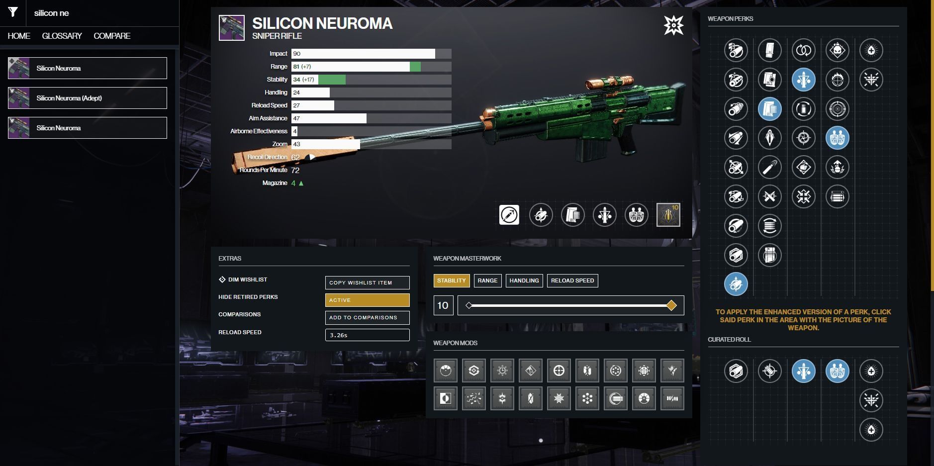 Silicon Neuroma PvE god roll (Image via Destiny 2 Gunsmith)