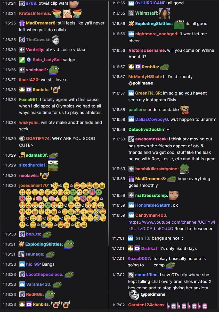 Fans in the Twitch chat reacting to the streamer revealing why she&#039;s not attending S**tCamp (Image via Pokimane/Twitch)