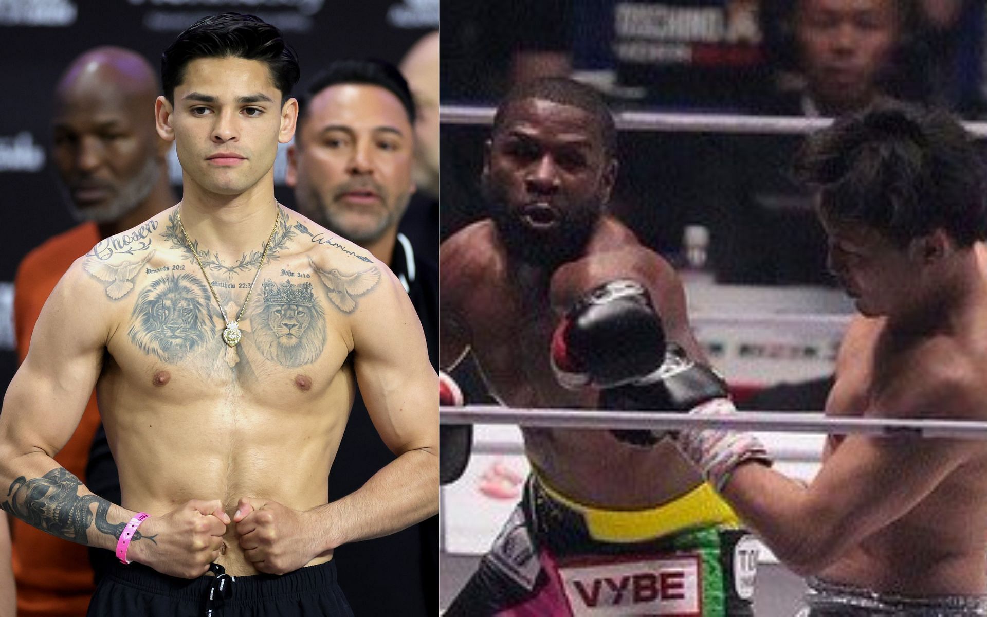 Ryan Garcia (left) and Floyd Mayweather in the ring with Mikuru Asakura (right) (Image credits Getty Images)