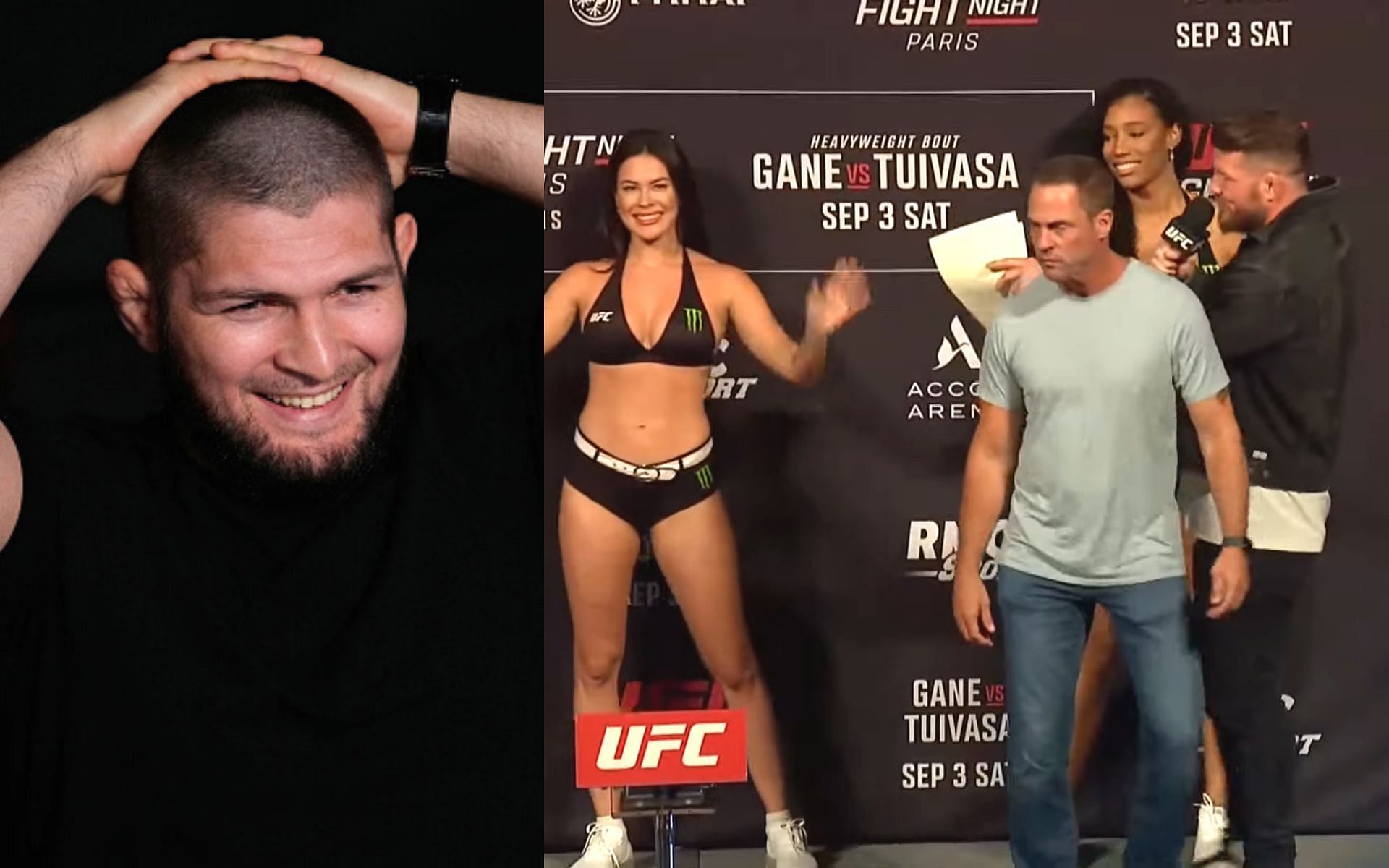 Khabib Nurmagomedov (left), Michael Bisping introducing ring girls (right) [Images courtesy: Getty | UFC via YouTube]
