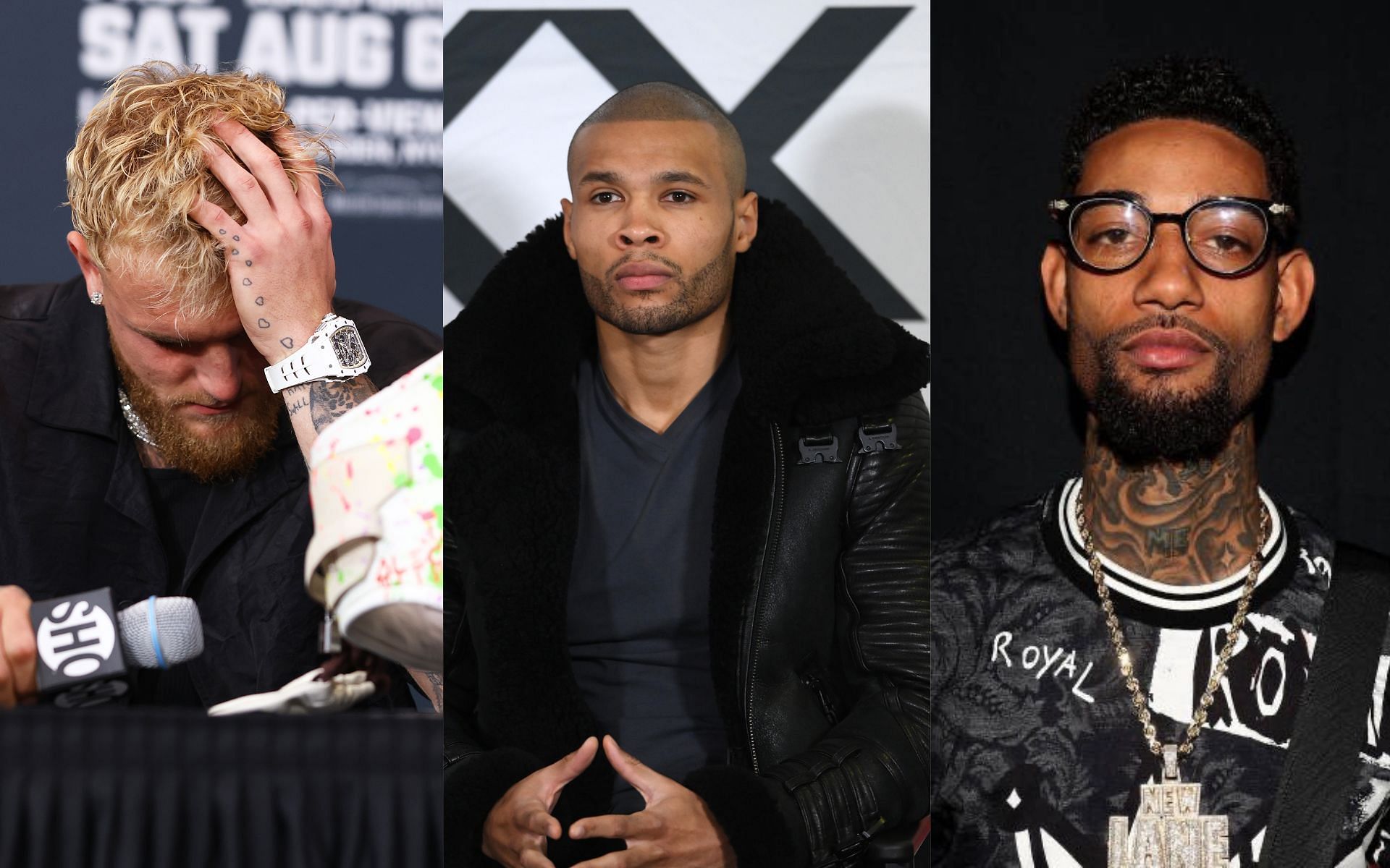 Jake Paul (left), Chris Eubank Jr., and PnB Rock (right) (Image credits Getty Images and @mymixtapez on Twitter)