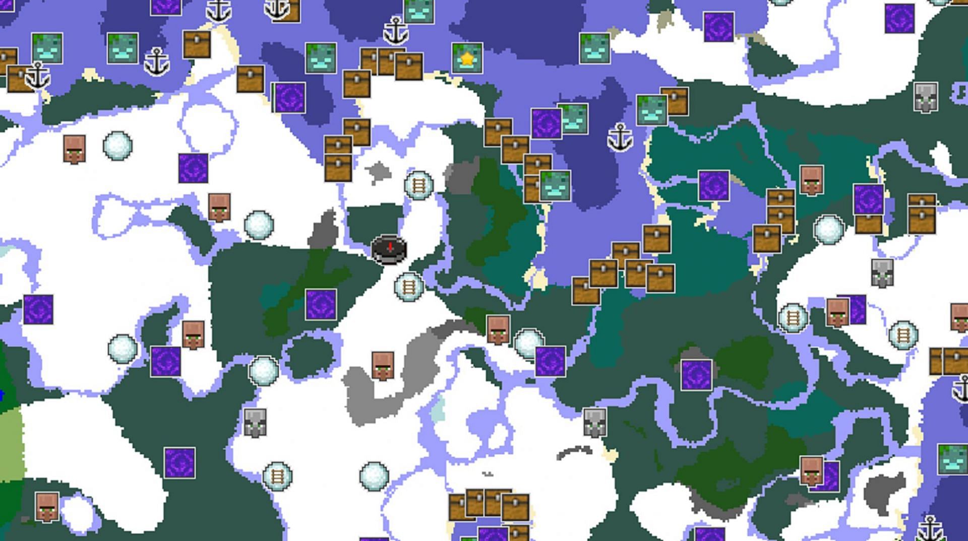 Villages abound in this frigid Minecraft spawn (Image via Chunkbase)